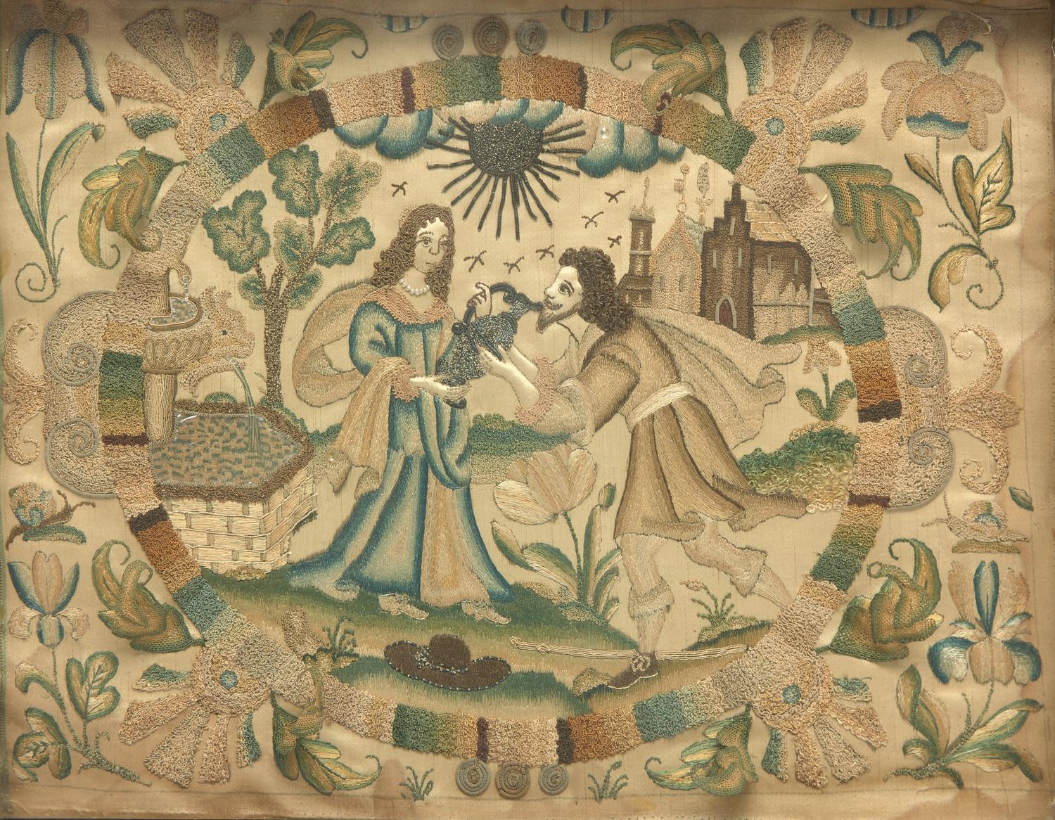 A Charles II Stumpwork Embroidery Panel Depicting Rebecca at the Well