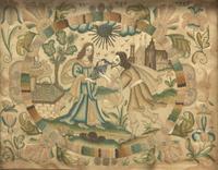 A Charles II Stumpwork Embroidery Panel Depicting Rebecca at the Well