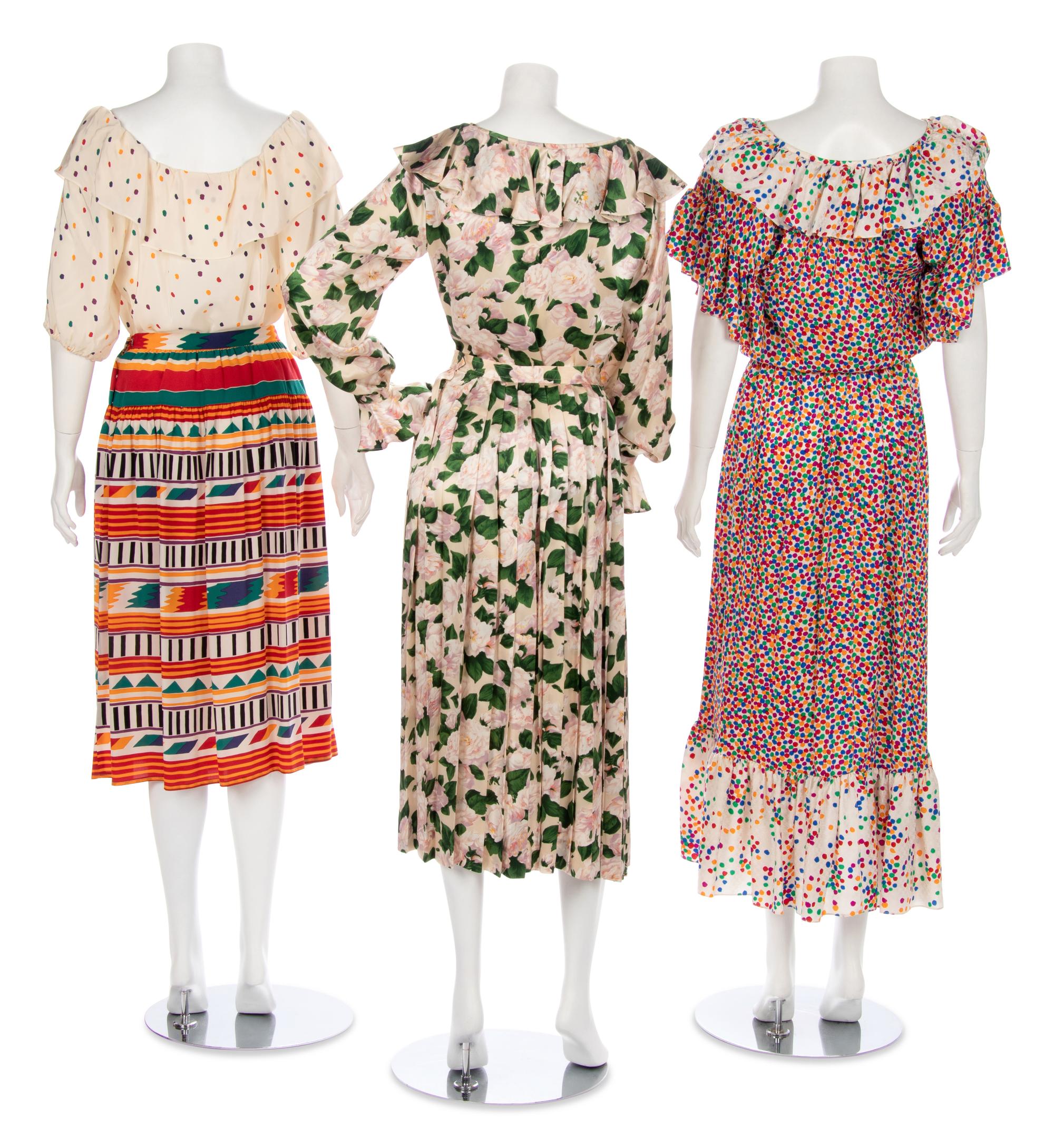 Three Vintage Silk Designer Summer Dresses; Two Yves Saint Laurent, One Oscar de la Renta, 1980s: