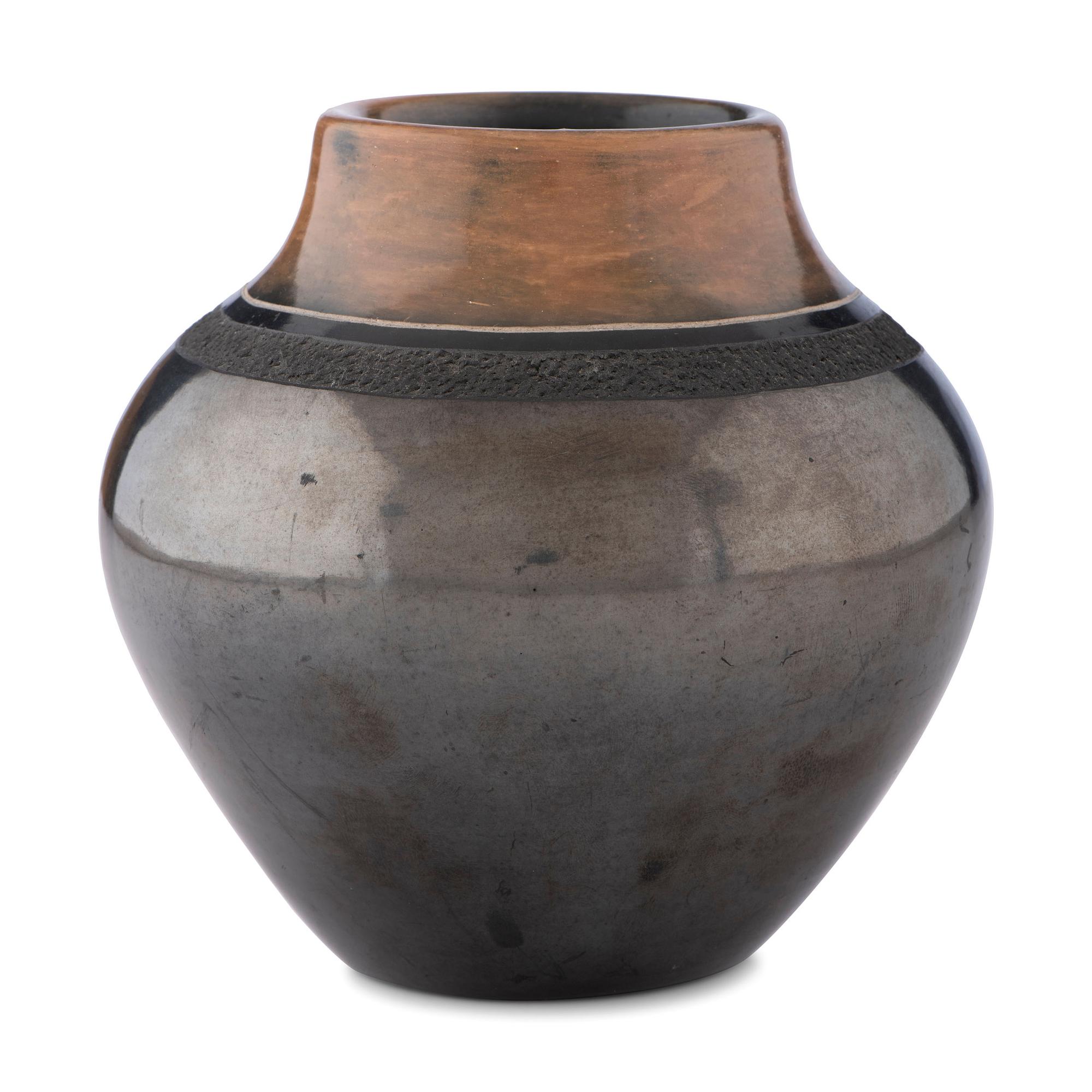 Black and Sienna Pottery Jar, with Gunmetal Finish