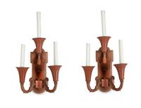 A Pair of Red and Gilt Decorated Tole Three-Light Wall Sconces