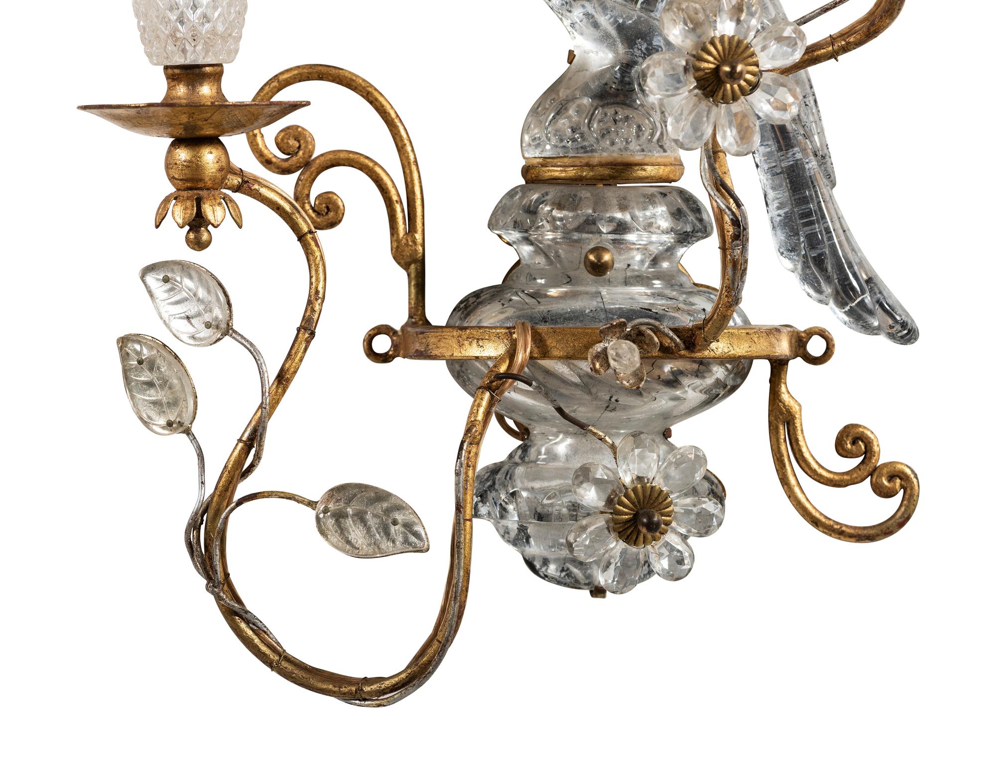 A Pair of Maison Baguès Gilt Metal and Glass Two-Light Parrot and Urn Sconces