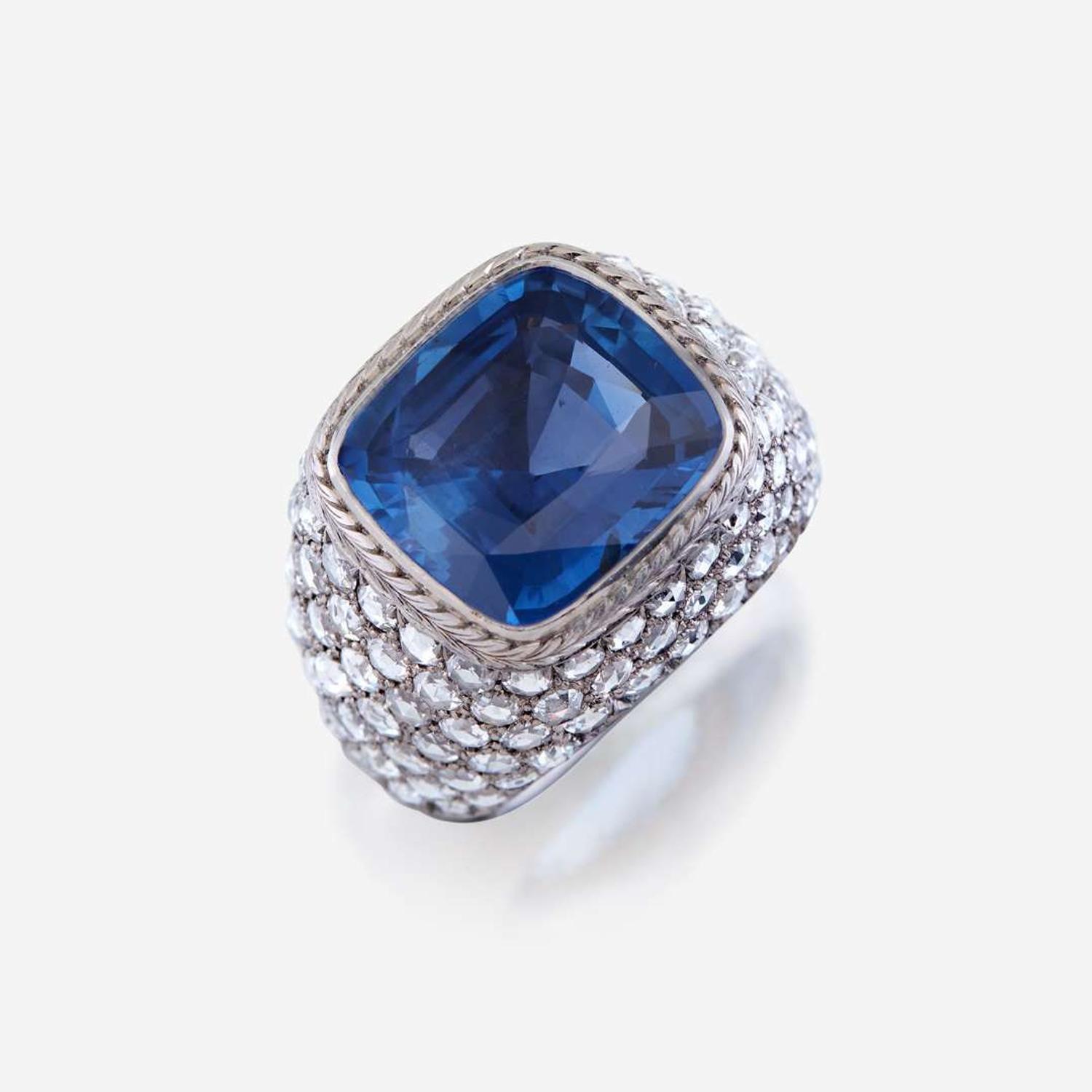 A sapphire, diamond, and platinum ring, R Simantov