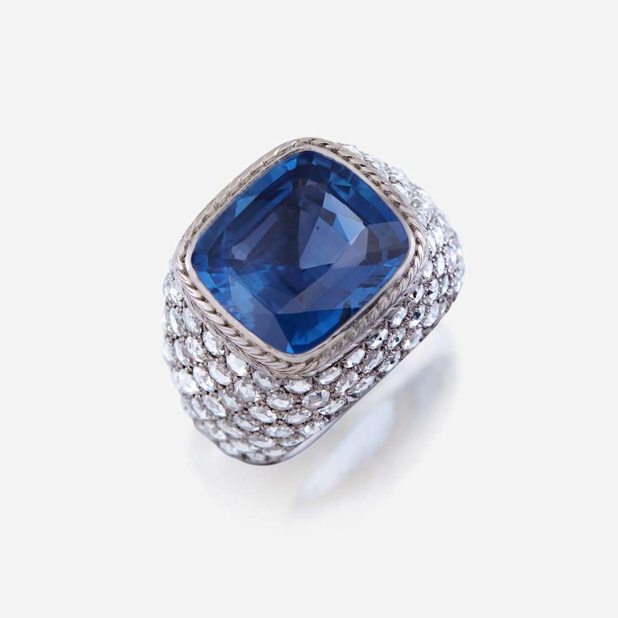 A sapphire, diamond, and platinum ring, R Simantov