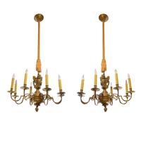 A Pair of Brass Eight Arm Chandeliers 34" W x 34" D x 53" H — United States, Circa 1920