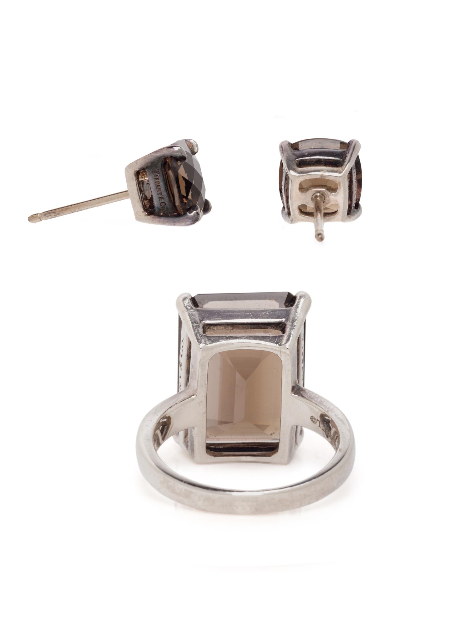 TIFFANY & CO., SMOKY QUARTZ RING AND EARRINGS