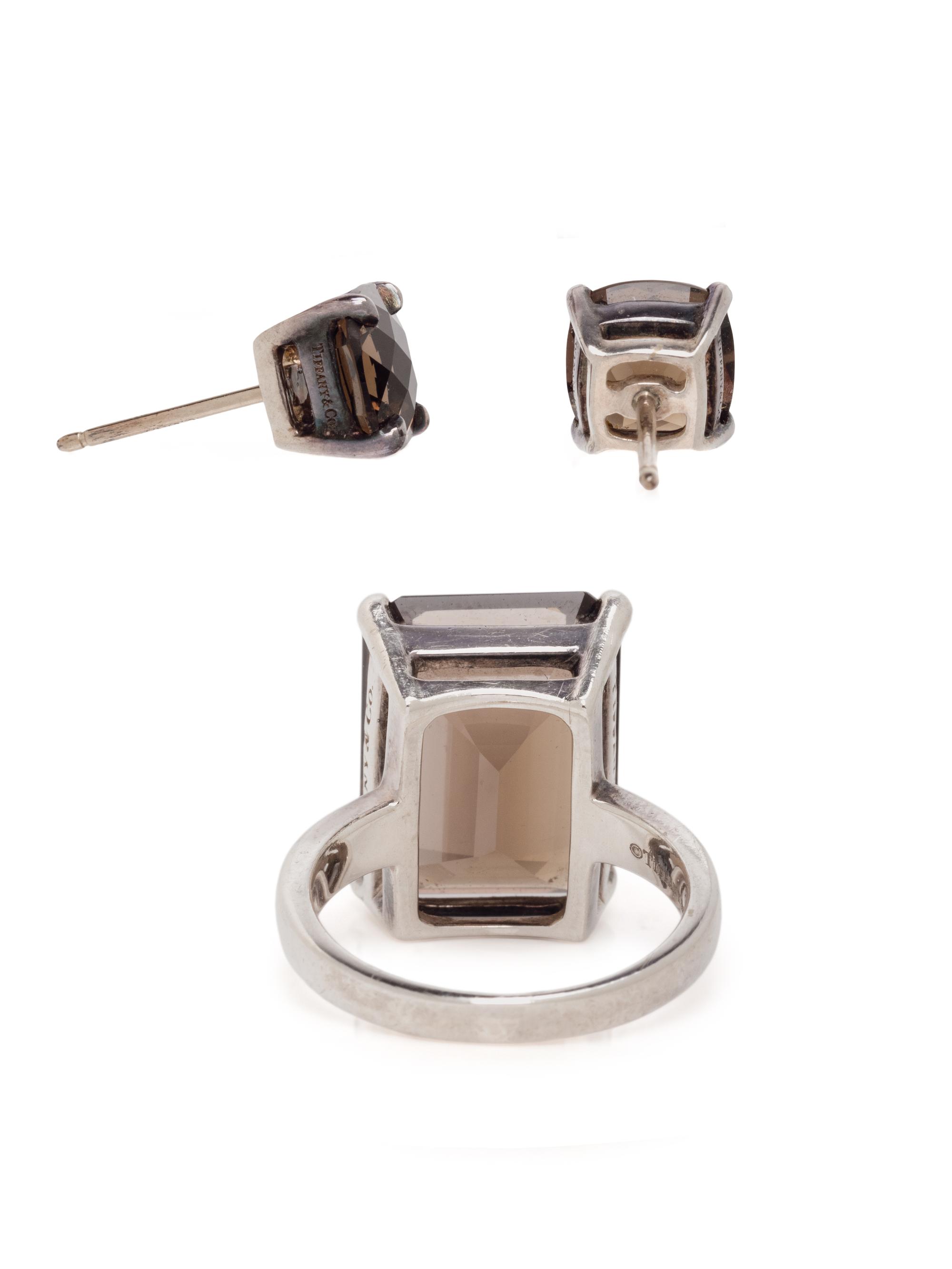 TIFFANY & CO., SMOKY QUARTZ RING AND EARRINGS