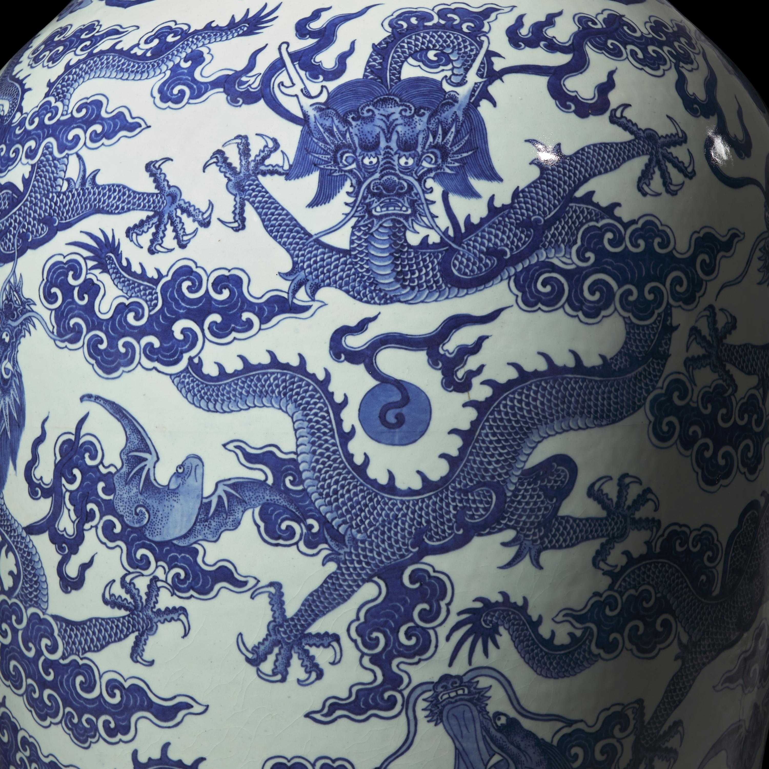 A Magnificent, Monumental, and Extremely Rare Chinese Blue and White 'Nine Dragons' Vase, Qing Dynasty, Jiaqing/Daoguang Period