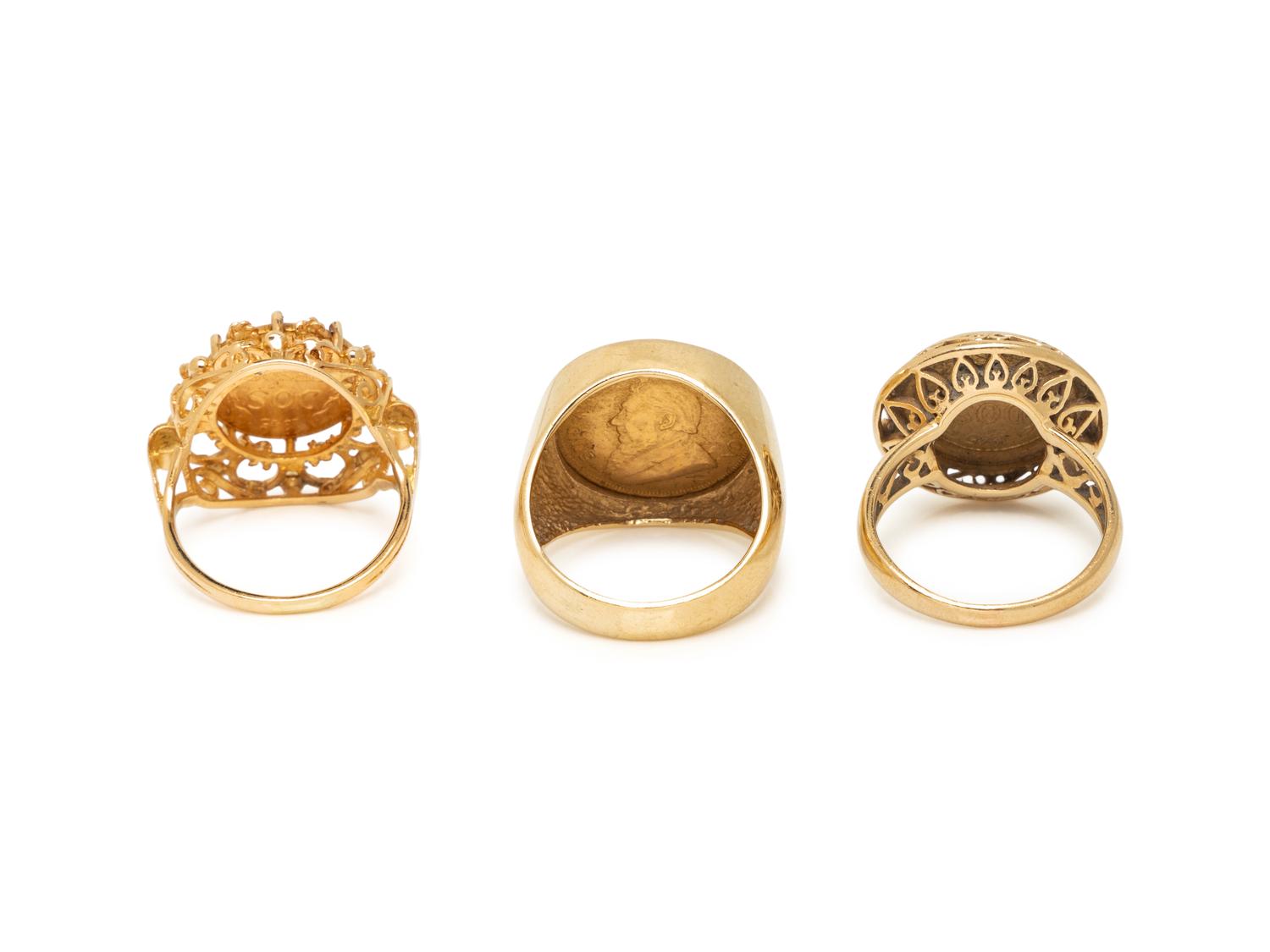 COLLECTION OF YELLOW GOLD AND COIN RINGS