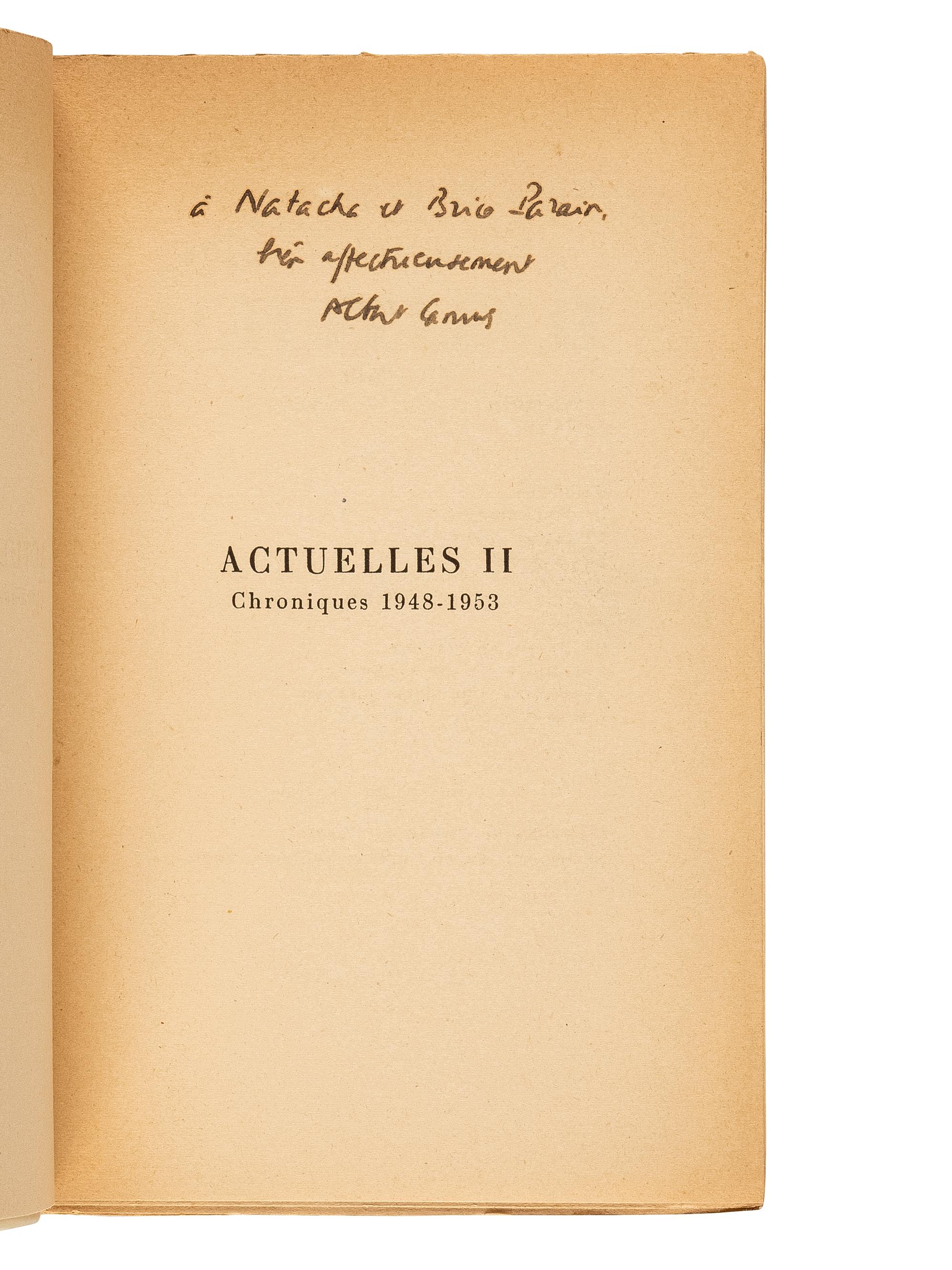 CAMUS, Albert, (1913-1960). Group of 4 FIRST EDITIONS, SIGNED OR INSCRIBED, comprising: