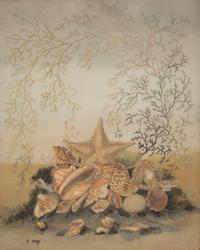 A Reverse-Painted Glass Shell Still Life Picture in a Mirrored Frame