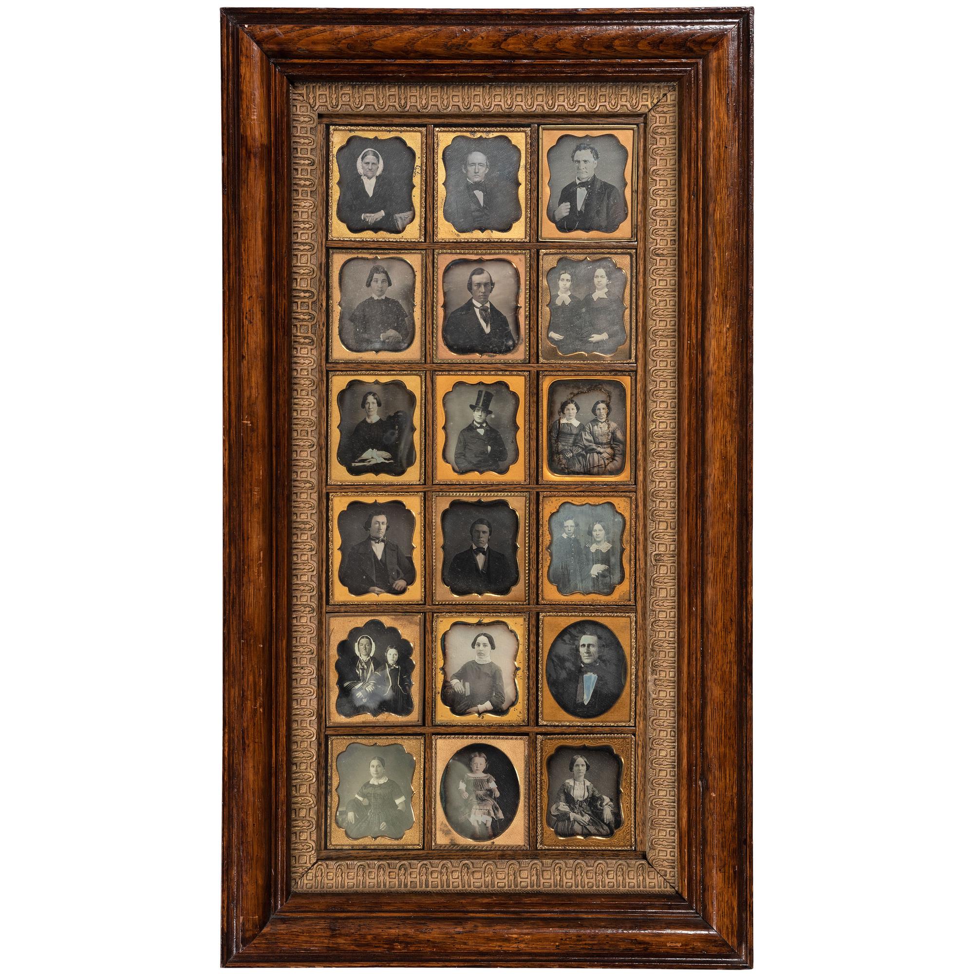 [EARLY PHOTOGRAPHY - PORTRAITURE]. A Daguerreian wall frame containing 18 uncredited sixth plate daguerreotype portraits of men, women, and children, including: