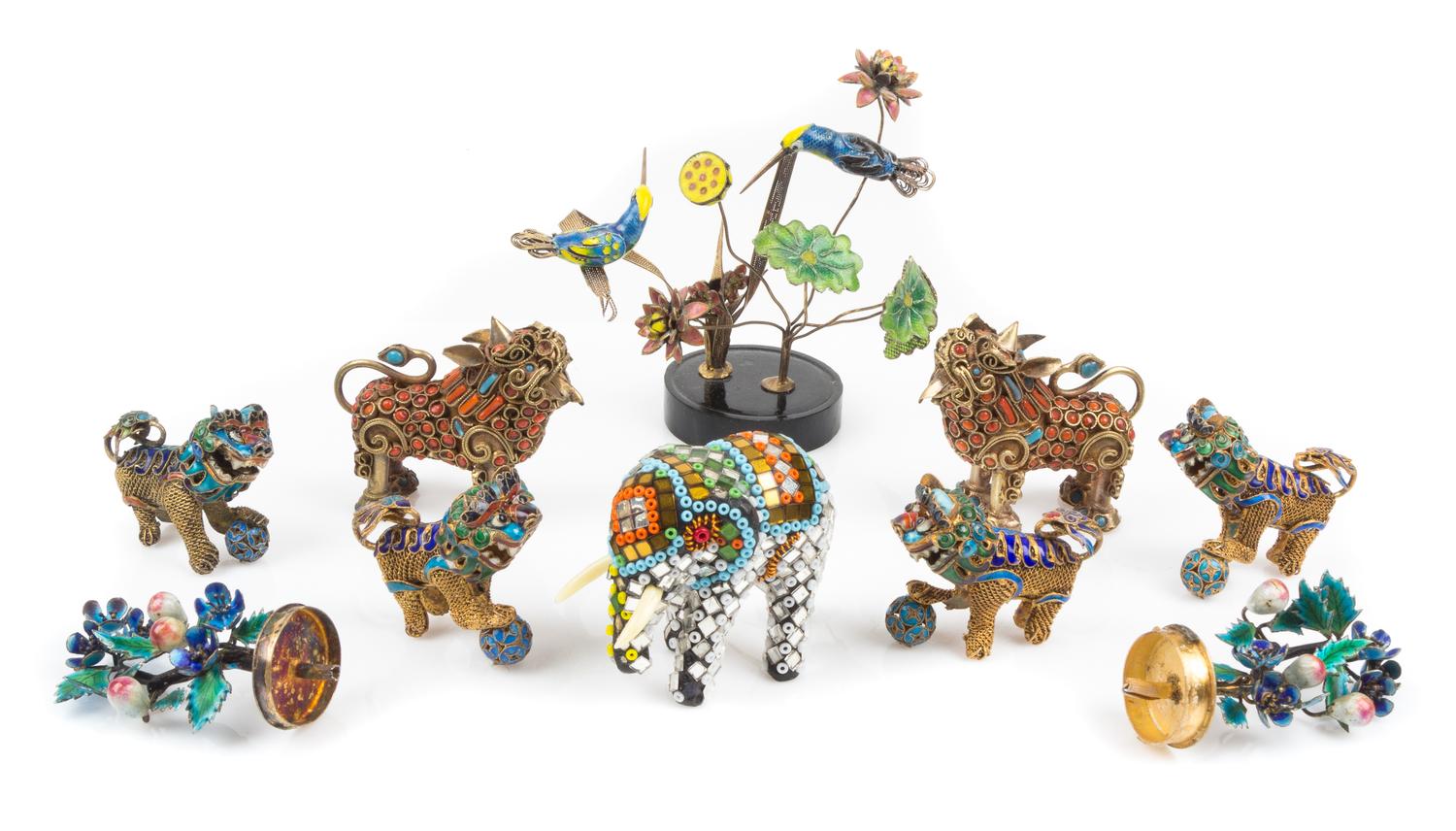 A Group of Ten Gilt Metal and Enameled Articles Height of tallest 3 3/4 inches.