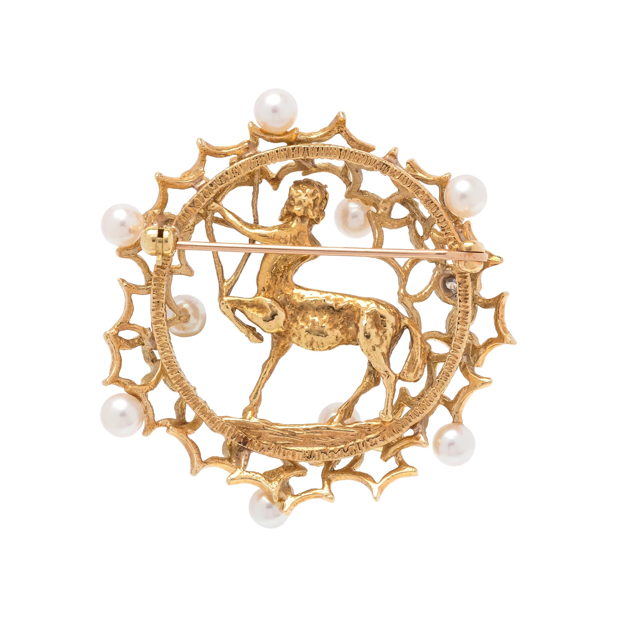 YELLOW GOLD, CULTURED PEARL AND DIAMOND SAGITTARIUS BROOCH