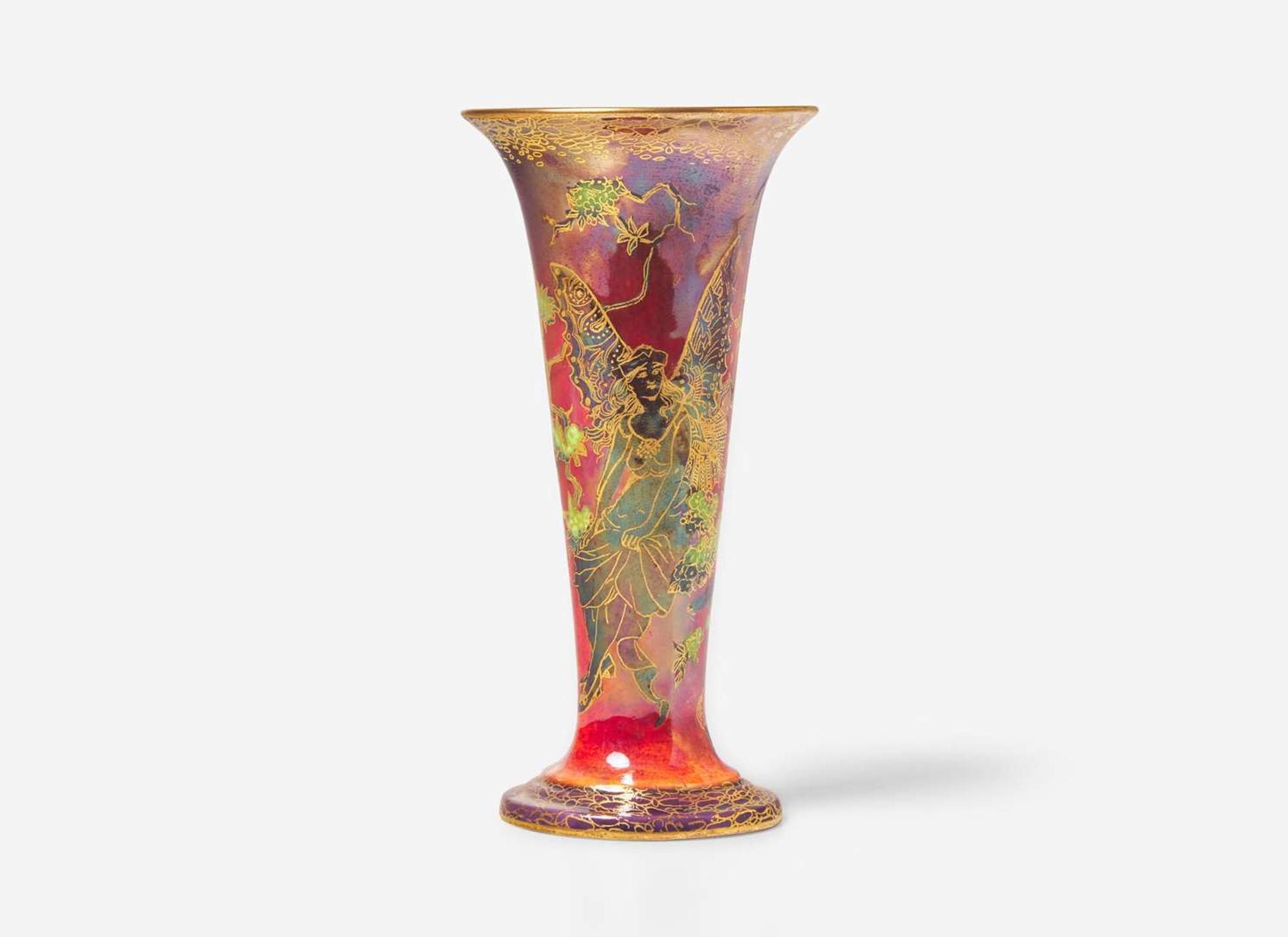 A Wedgwood Flame Fairyland Lustre "Butterfly Women" Footed Vase, UK, 1920s