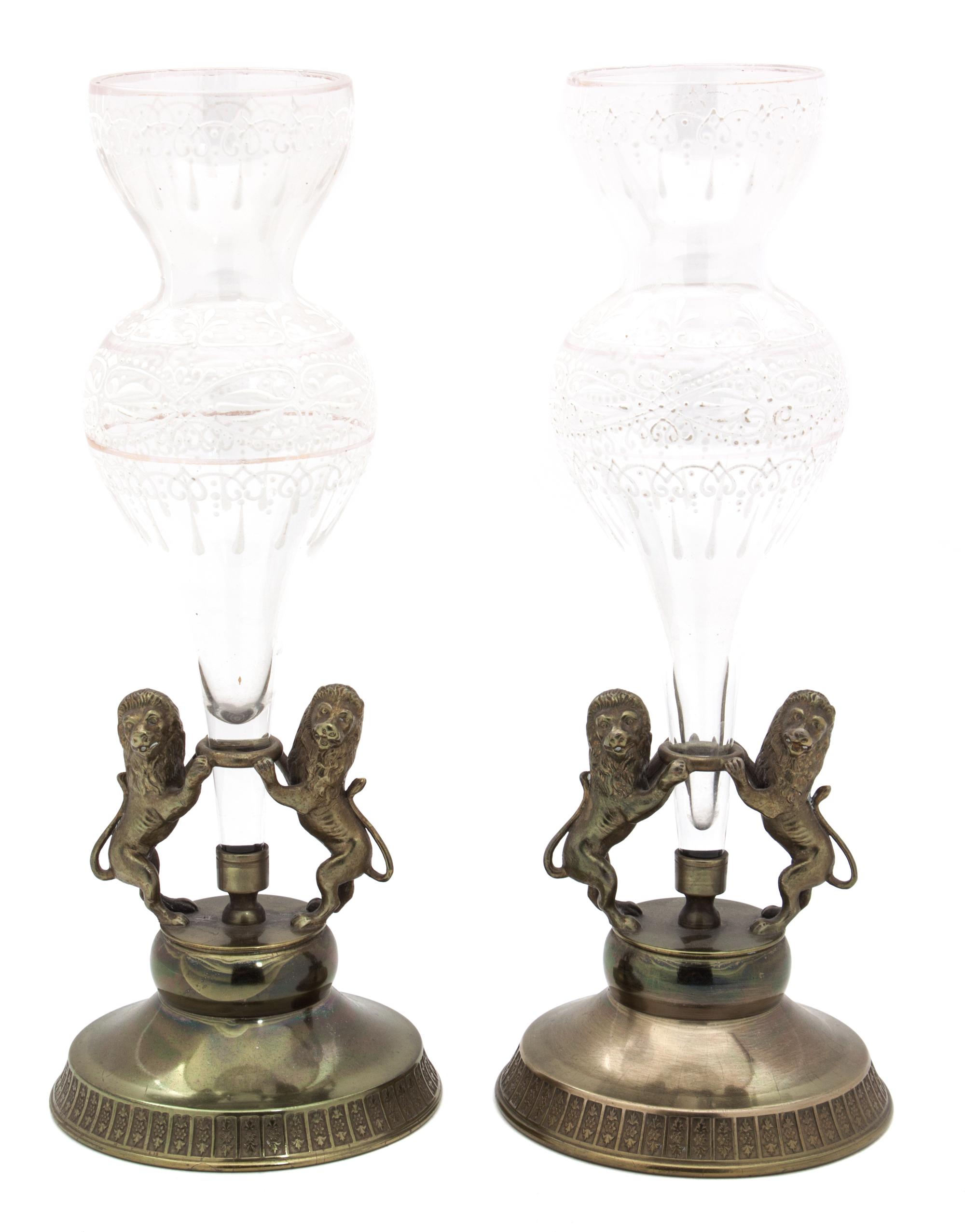 A Pair of Paint Decorated Glass Vases Height 12 inches.