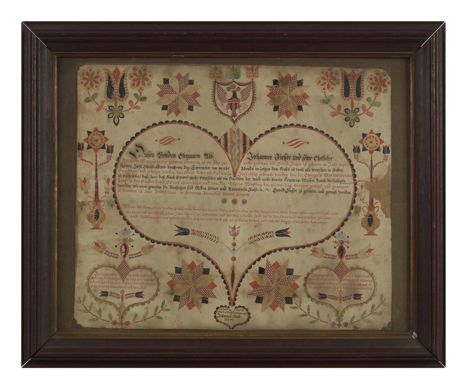 Johannes Bard (1797-1861), A Fraktur: Birth and Baptism Record for Johannes Fieffer, Germany Township, Adams County, PA, Dated "1820"