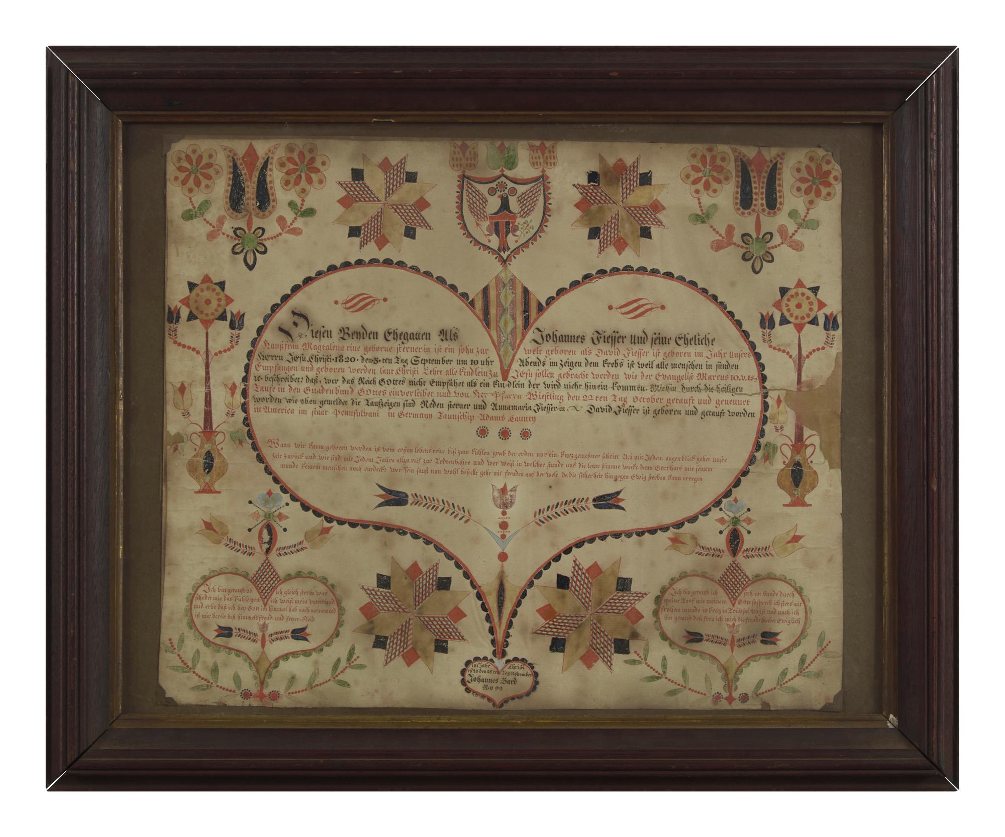Johannes Bard (1797-1861), A Fraktur: Birth and Baptism Record for Johannes Fieffer, Germany Township, Adams County, PA, Dated "1820"