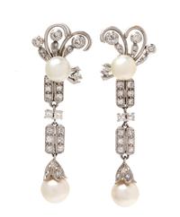 A Pair of White Gold, Platinum, Cultured Pearl and Diamond Convertible Day/Night Pendant Earrings, 10.60 dwts.