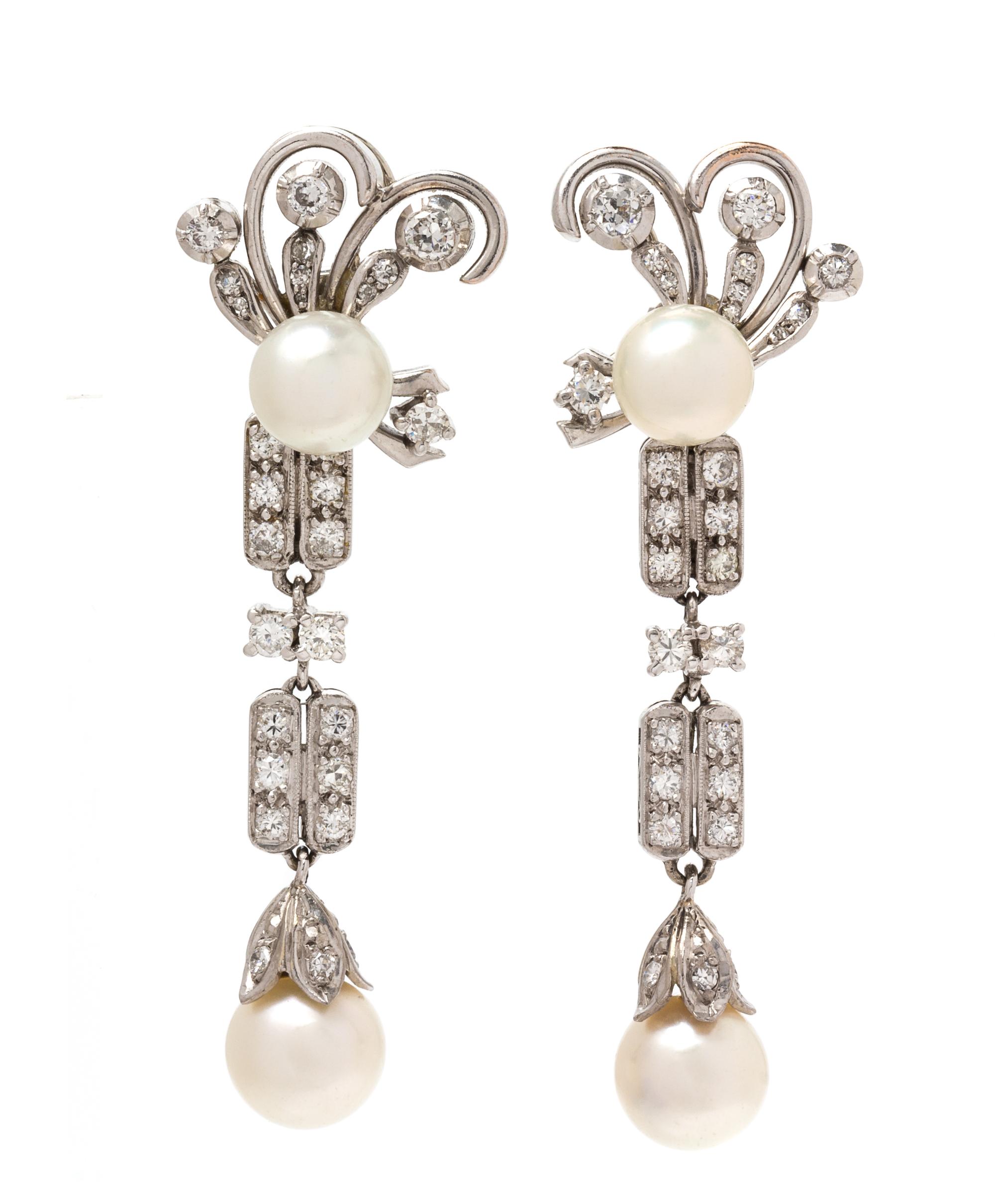 A Pair of White Gold, Platinum, Cultured Pearl and Diamond Convertible Day/Night Pendant Earrings, 10.60 dwts.