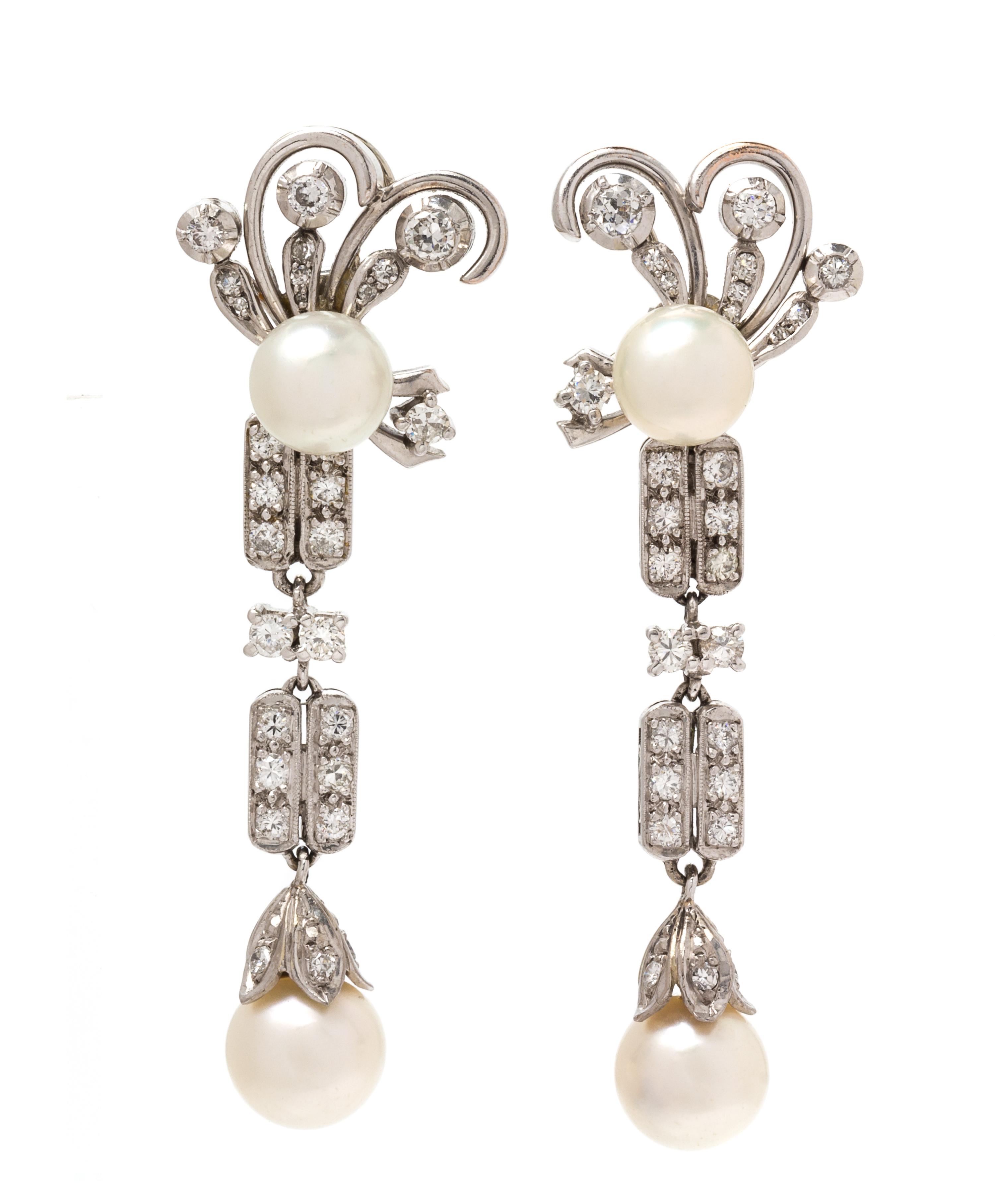 A Pair of White Gold, Platinum, Cultured Pearl and Diamond Convertible Day/Night Pendant Earrings, 10.60 dwts.