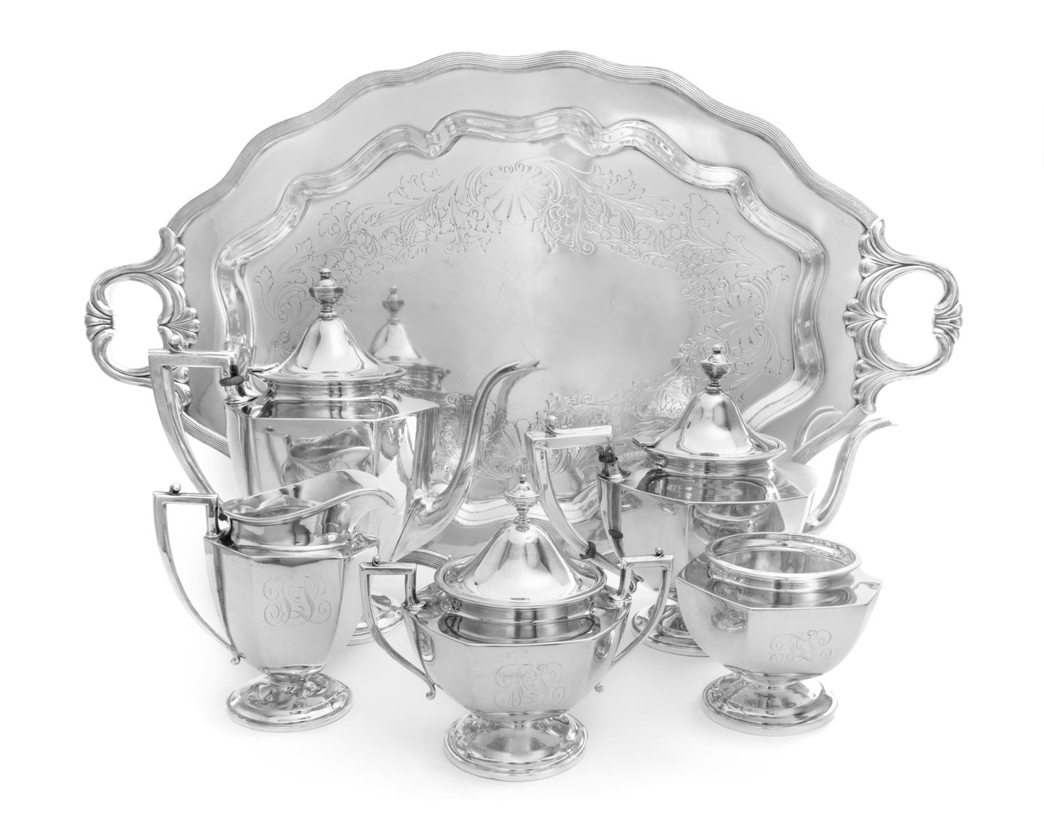 An American Silver Five-Piece Tea and Coffee Service, Frank M. Whiting, North Attleboro, MA, comprising a coffee pot, a teapot, a waste