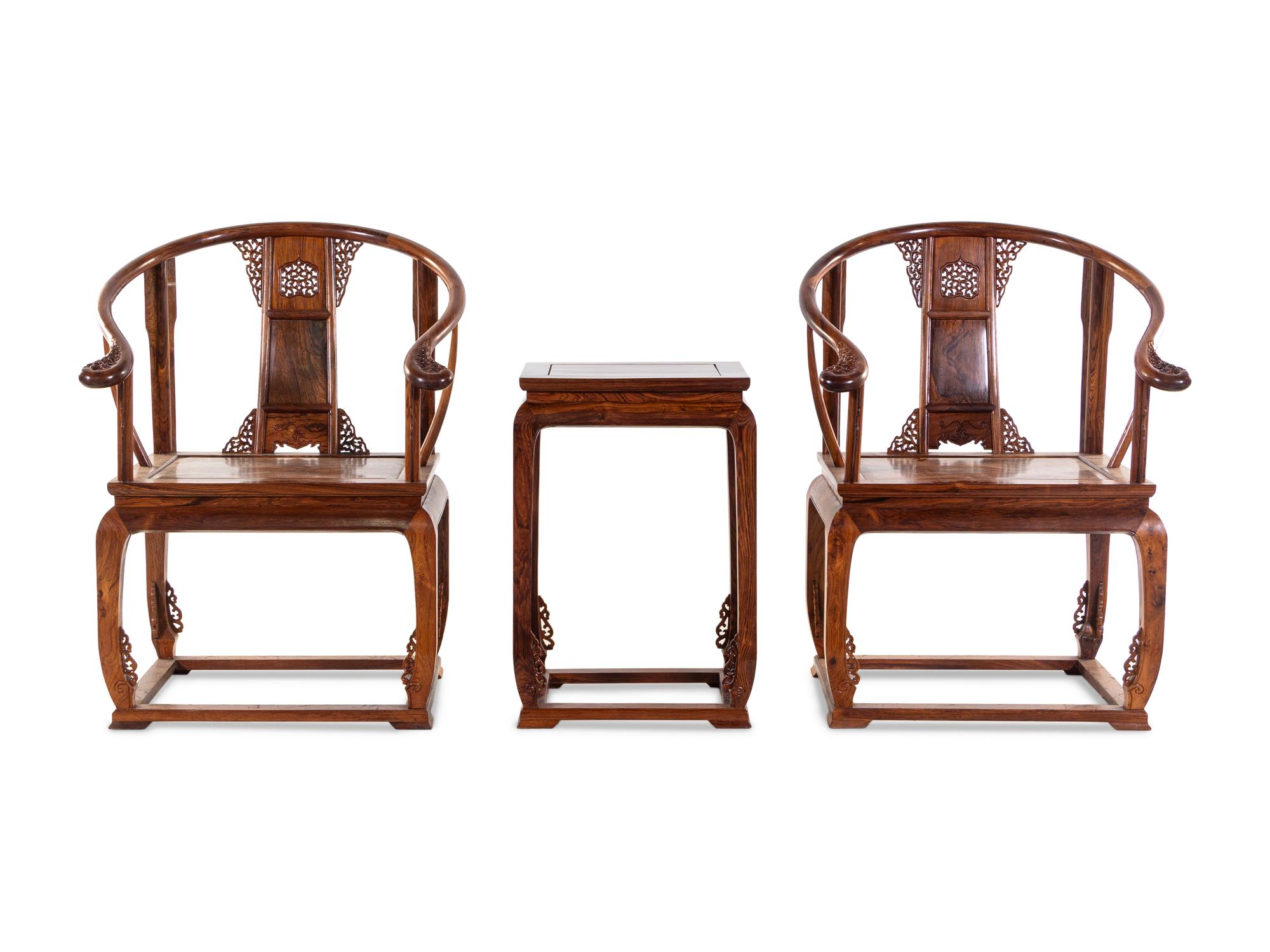 A Set of Two Huanghuali Armchairs and One Side Table