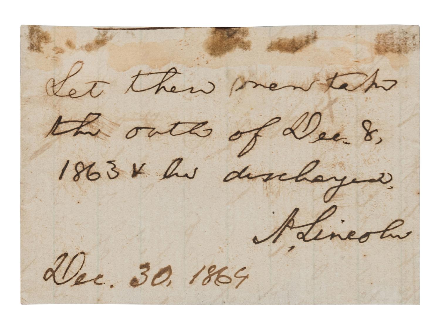 LINCOLN, Abraham (1809-1865). Autograph endorsement signed as President (“A. Lincoln”), 30 December 1864.