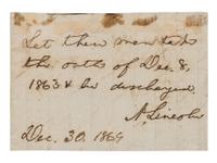 LINCOLN, Abraham (1809-1865). Autograph endorsement signed as President (“A. Lincoln”), 30 December 1864.