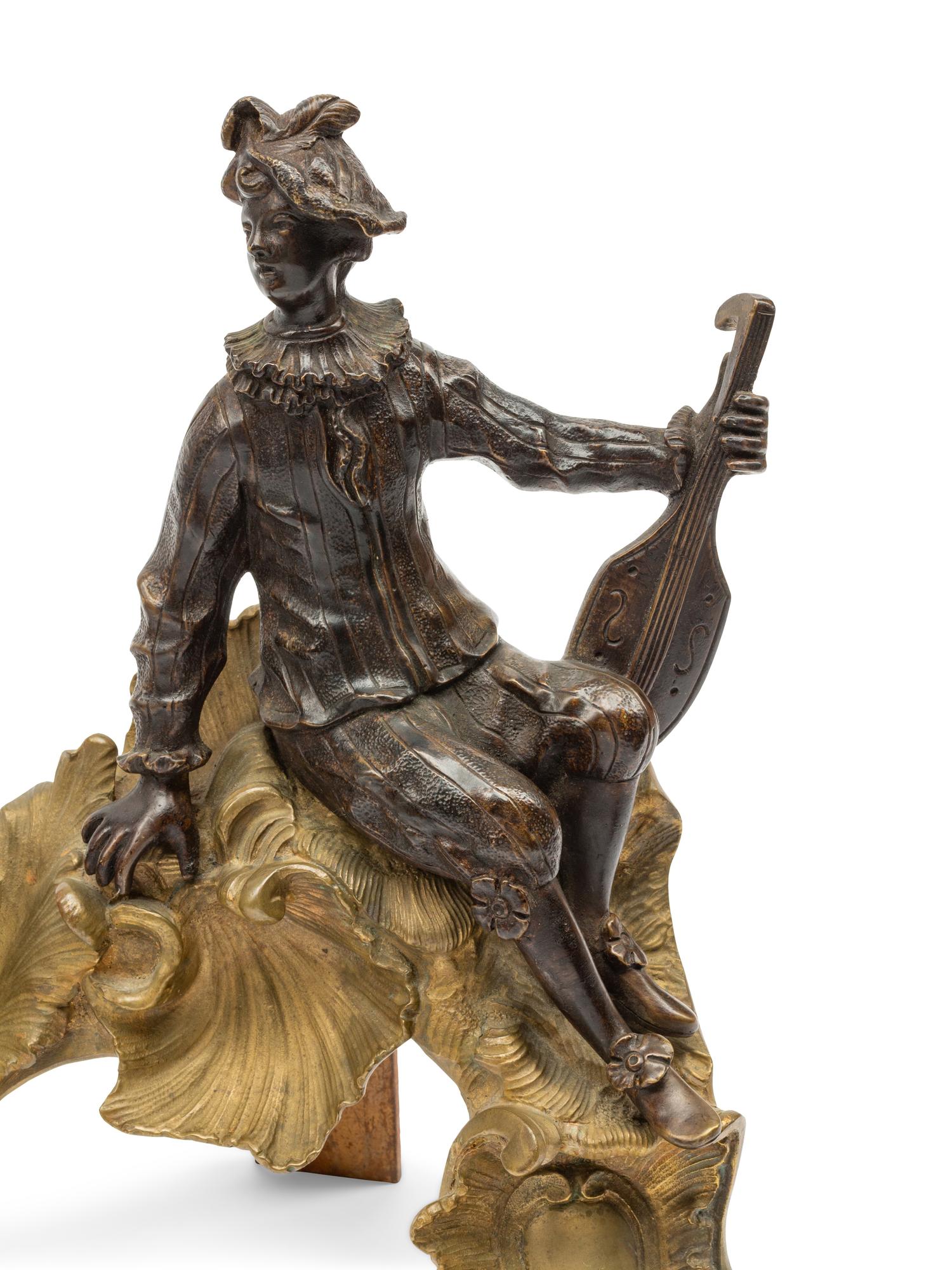 A Pair of Louis XV Style Gilt and Patinated Bronze Figural Chenets