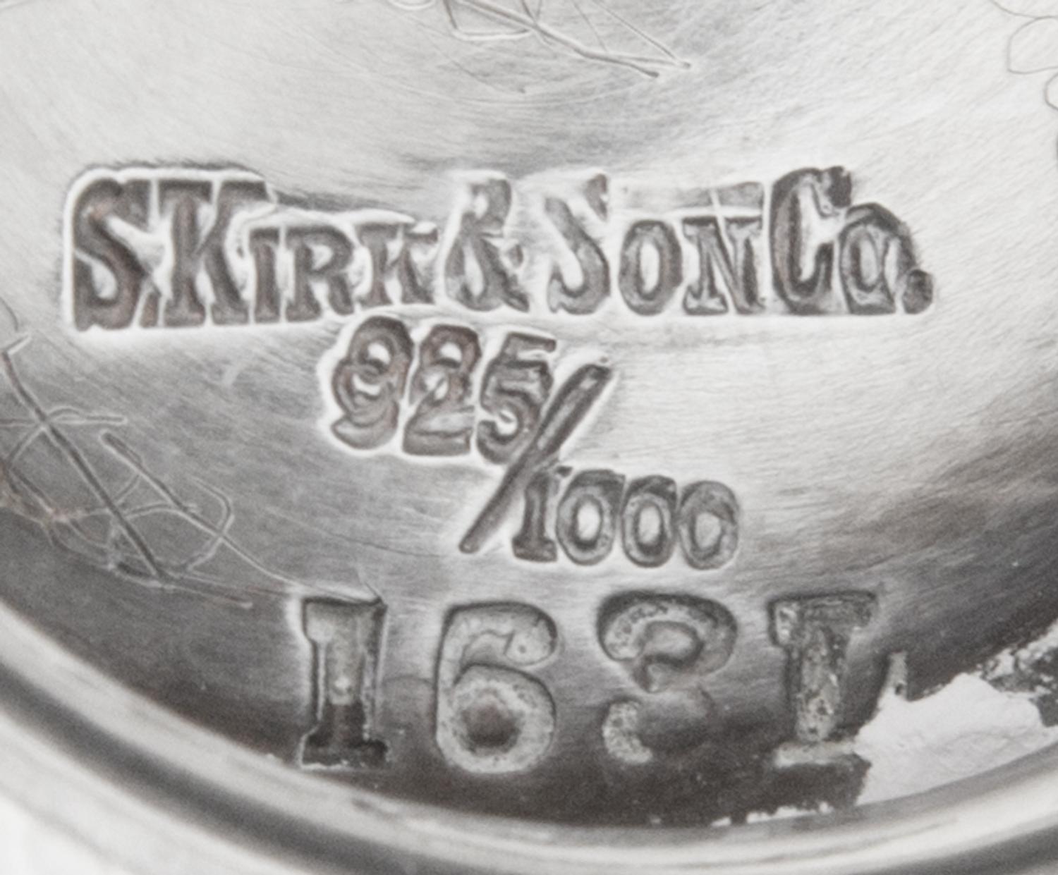 A Pair of American Silver Vases, S. Kirk & Son, Baltimore, MD, each of the bodies decorated with an elaborate garden scene, one depicti