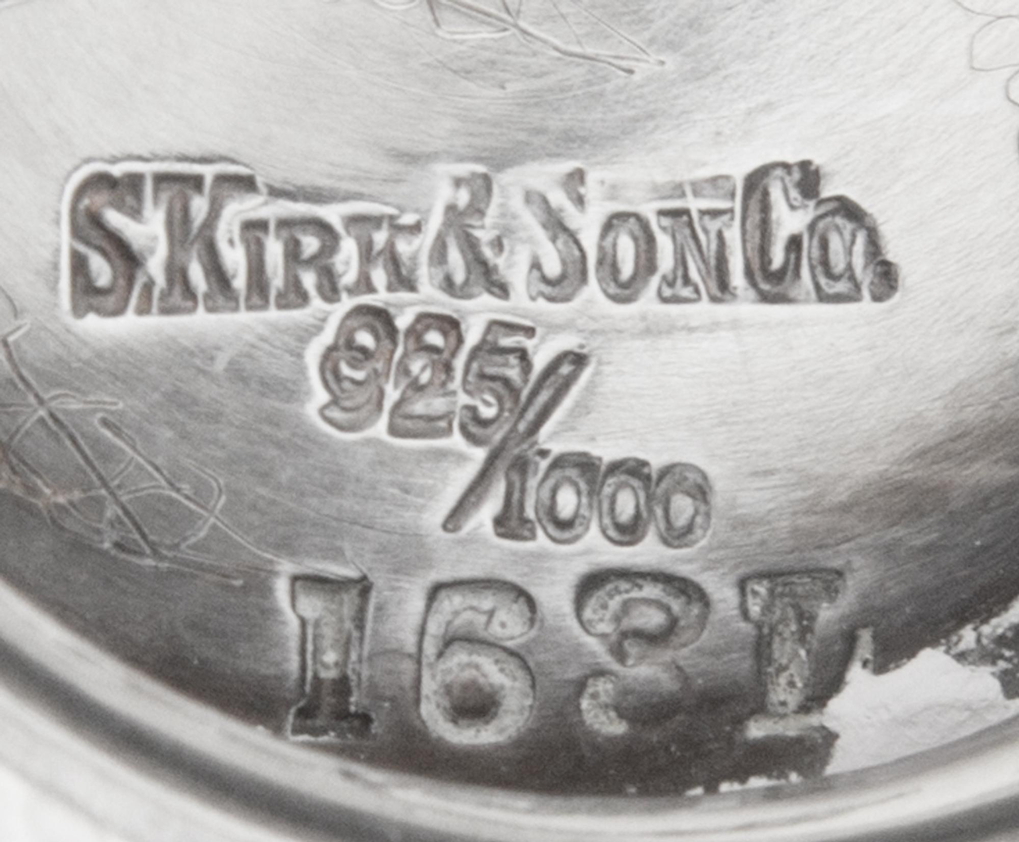 A Pair of American Silver Vases, S. Kirk & Son, Baltimore, MD, each of the bodies decorated with an elaborate garden scene, one depicti