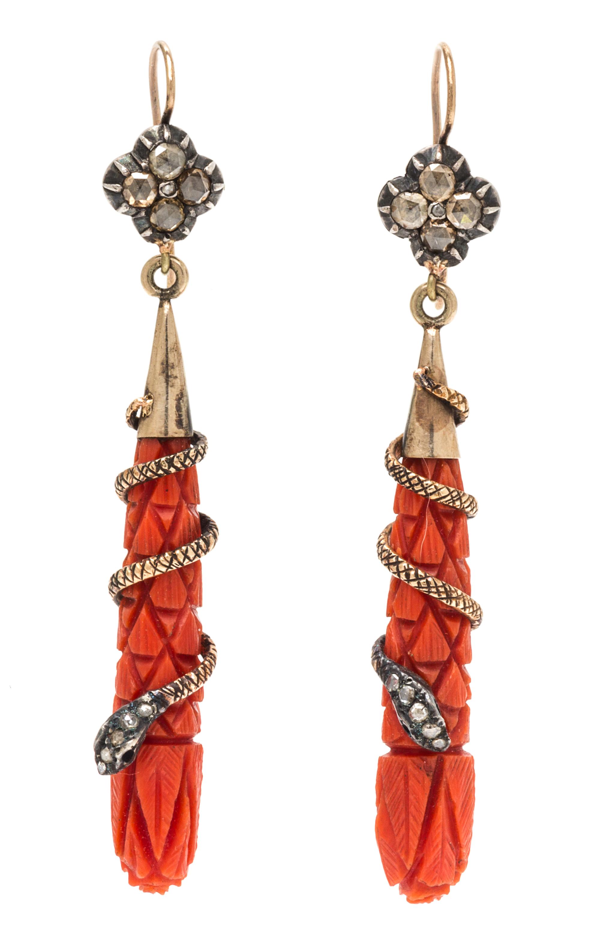 A Pair of Victorian Gold, Silver, Coral and Diamond Serpent Motif Pendant Earrings, 5.80 dwts.