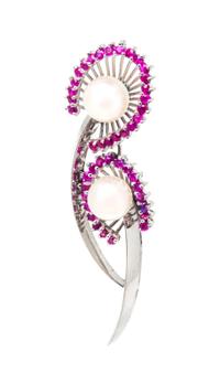 An 18 Karat White Gold, Ruby and Cultured Pearl Brooch, 5.90 dwts.