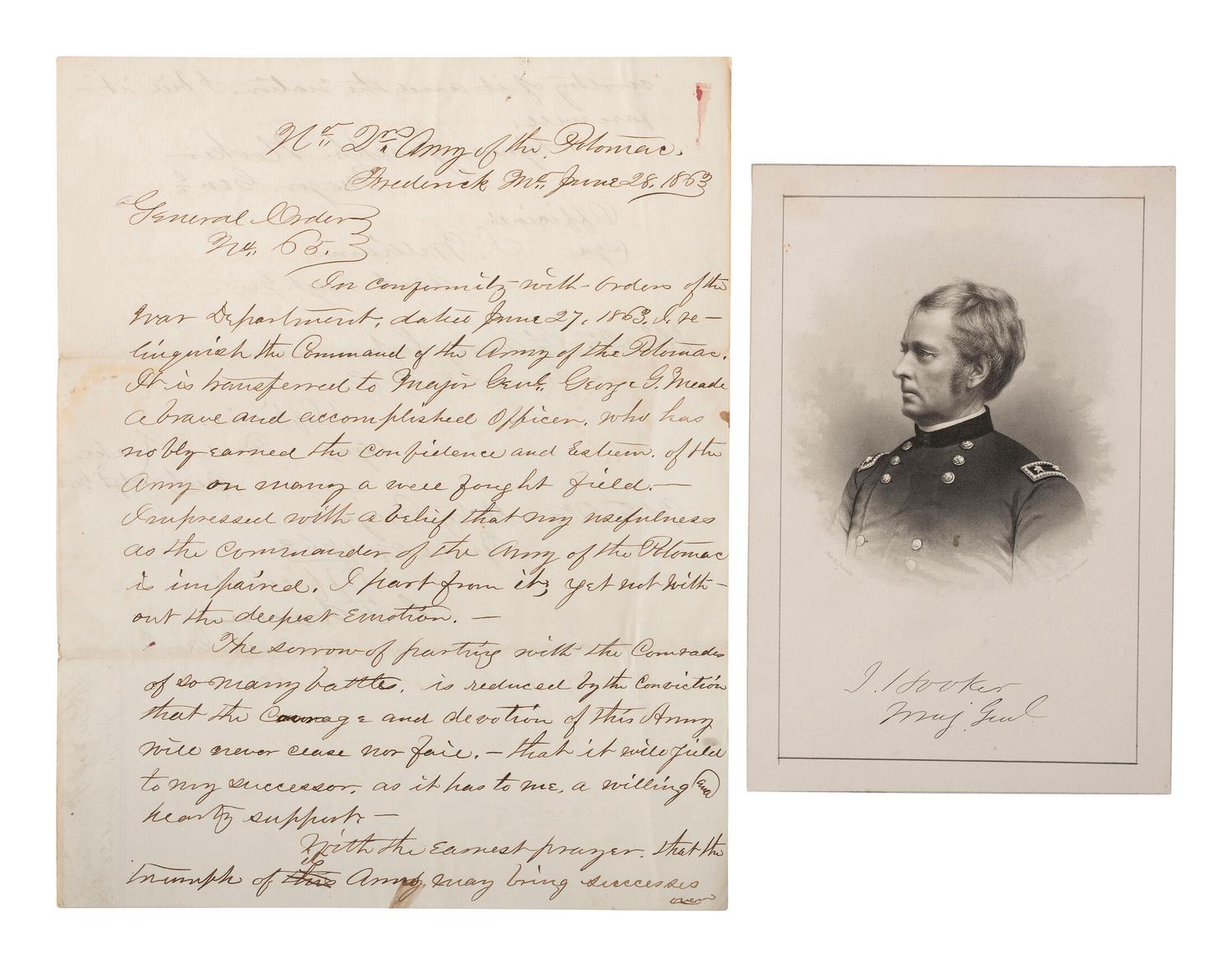 [CIVIL WAR]. Manuscript copy of General Joseph Hooker's General Orders No. 65, in which he turns over command of the Army of the Potomac to General George Meade. Frederick, MD, 28 June 1863.