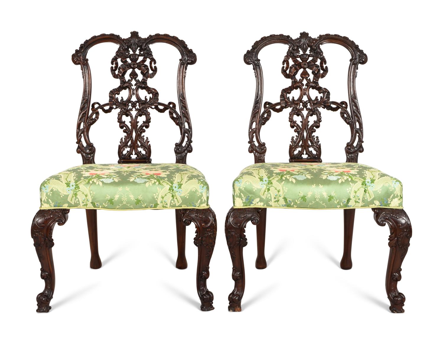 A Pair of George III Style Ribbon-Carved Mahogany Side Chairs