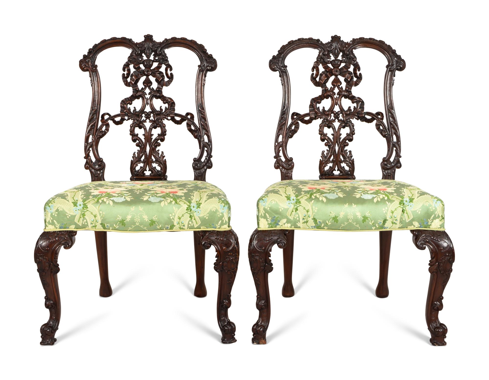 A Pair of George III Style Ribbon-Carved Mahogany Side Chairs