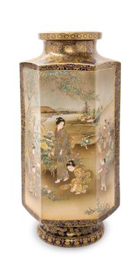 A Satsuma Hexagonal Vase Height 17 3/4 inches. — MARKED KINKOZAN TSUKURU
