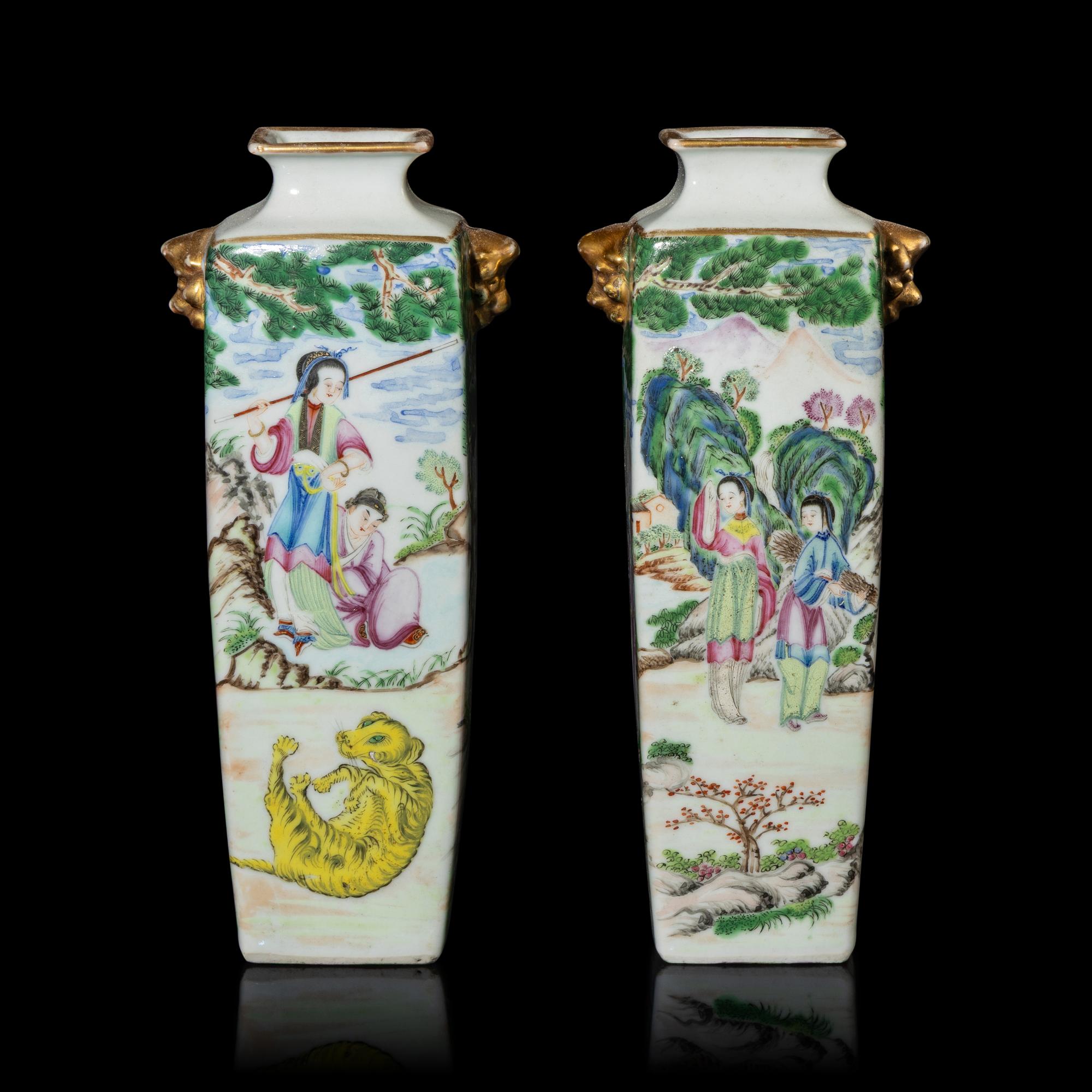 A Pair of Chinese Famille Rose Porcelain 'Figural' Square Vases, 19th-20th Century — 晚清-民國 粉彩武松打虎圖雙鋪首耳方瓶一對