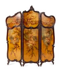 A Louis XV Style Carved Walnut Floor Screen with Inset Painted Panels