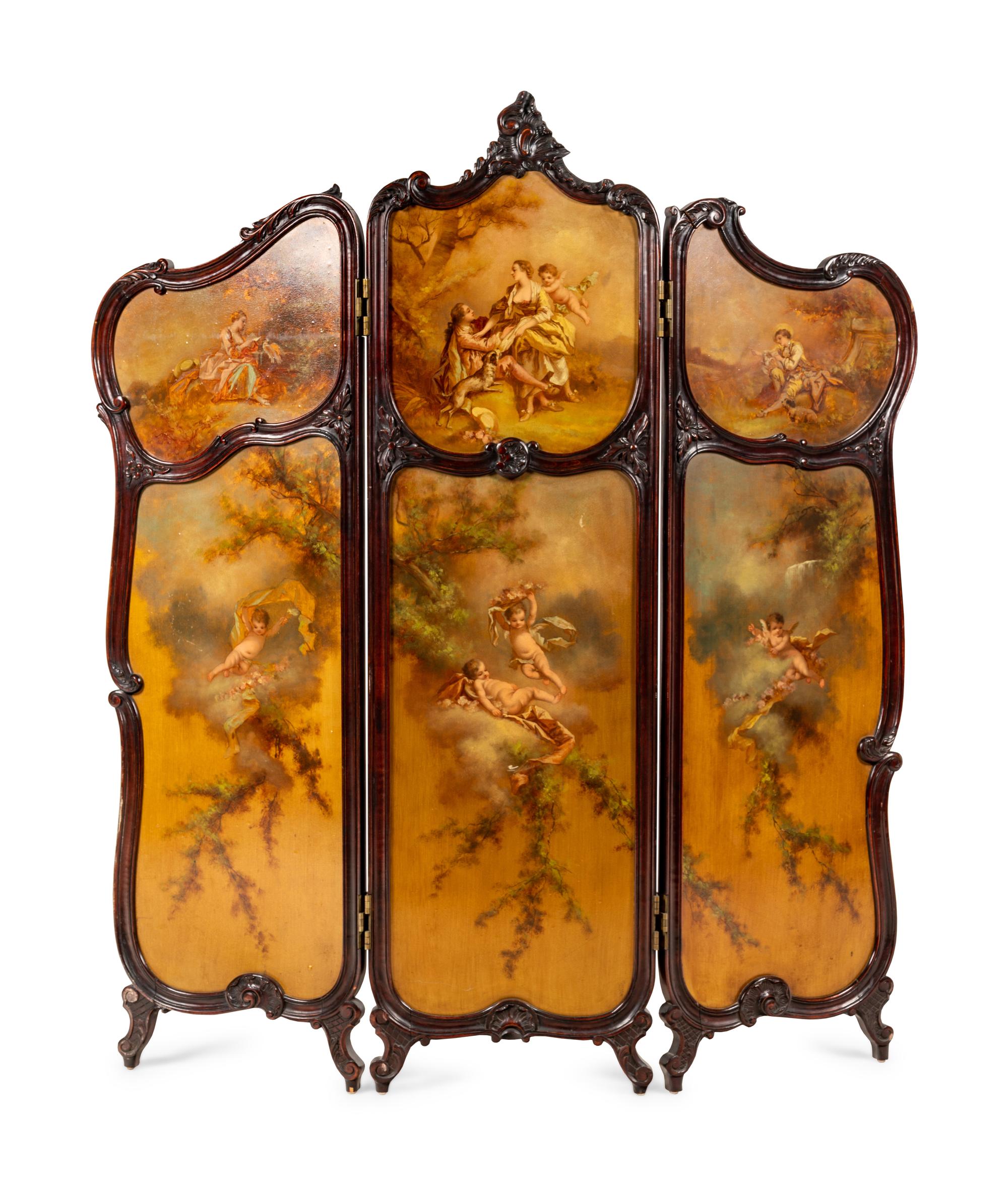 A Louis XV Style Carved Walnut Floor Screen with Inset Painted Panels