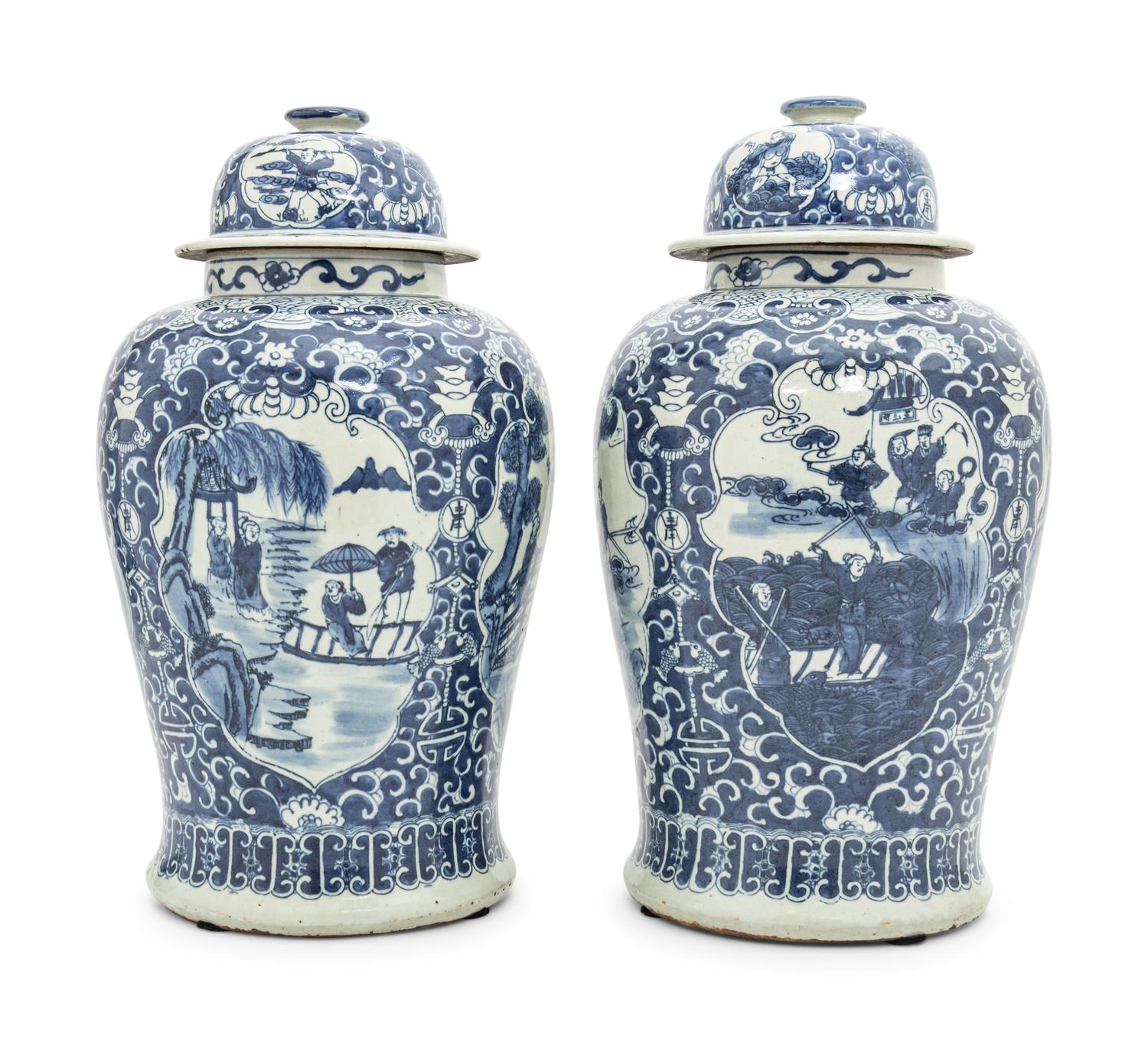 A Pair of Blue and White Porcelain Jars and Covers