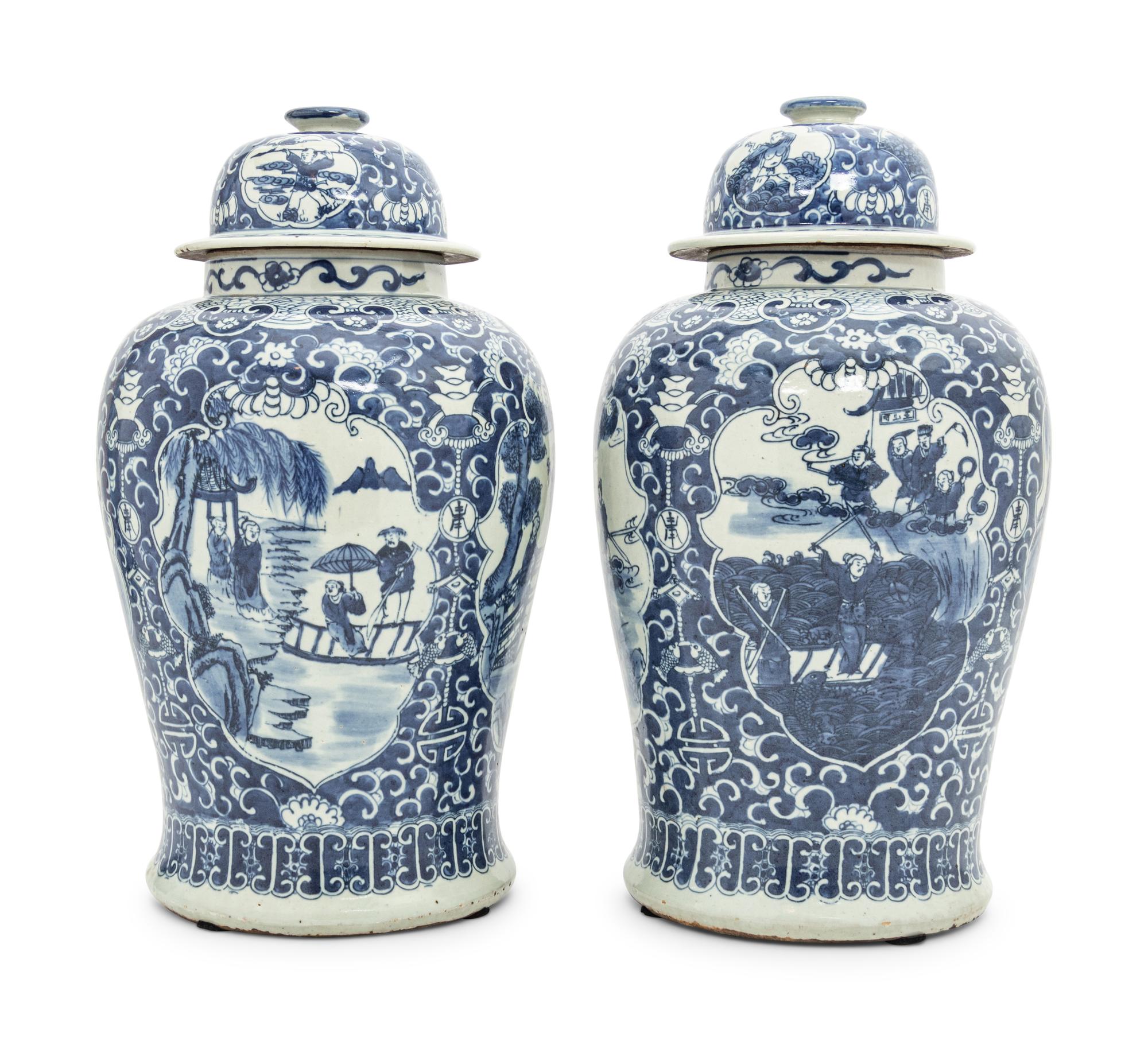 A Pair of Blue and White Porcelain Jars and Covers