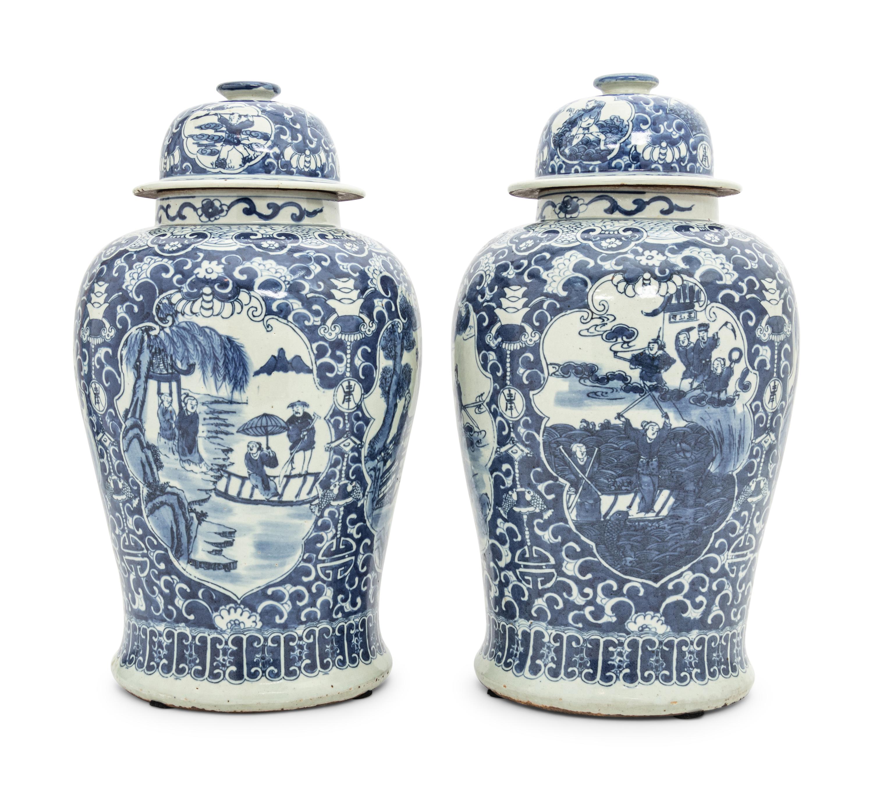 A Pair of Blue and White Porcelain Jars and Covers