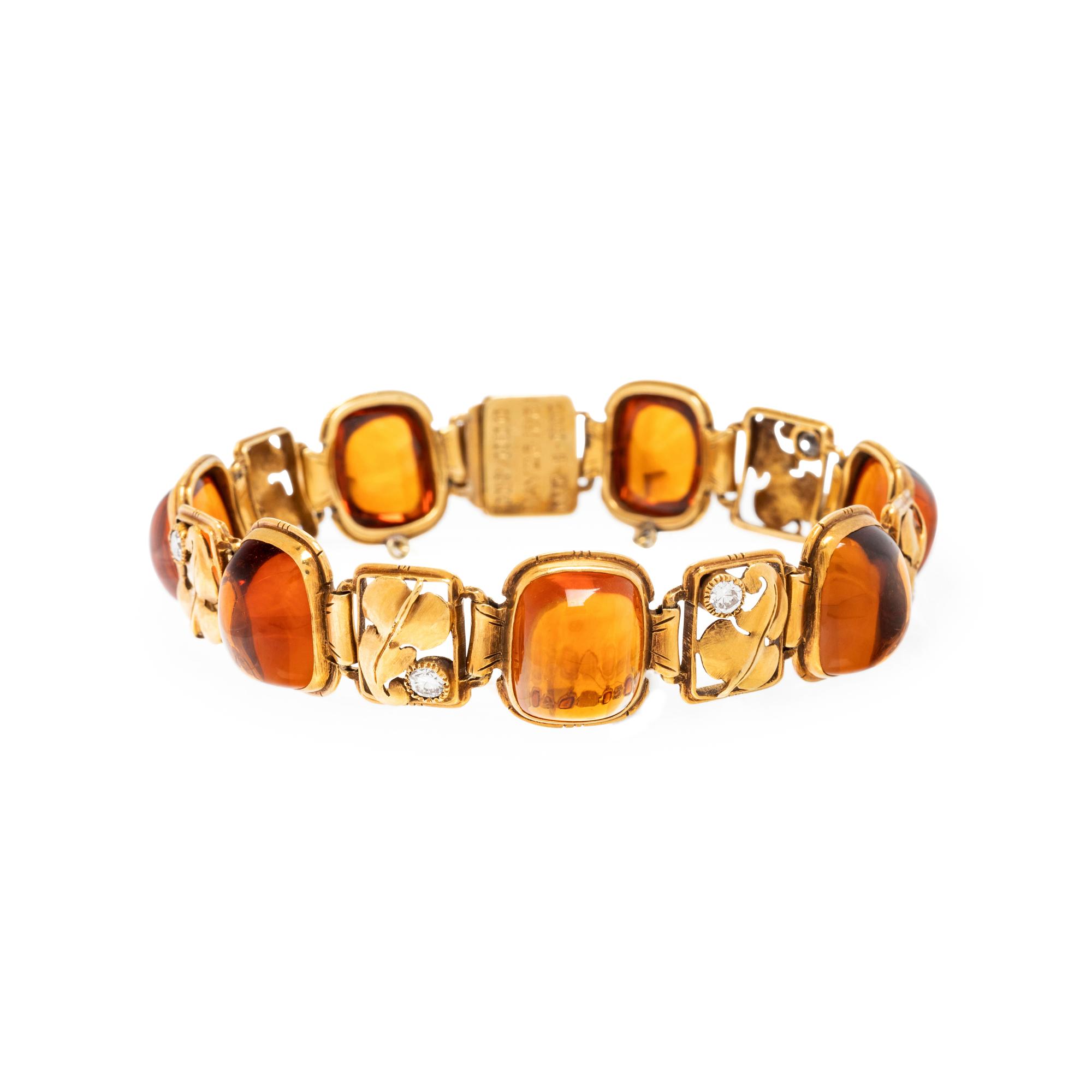 EDWARD EVERETT OAKES, ARTS & CRAFTS, YELLOW GOLD, CITRINE AND DIAMOND BRACELET