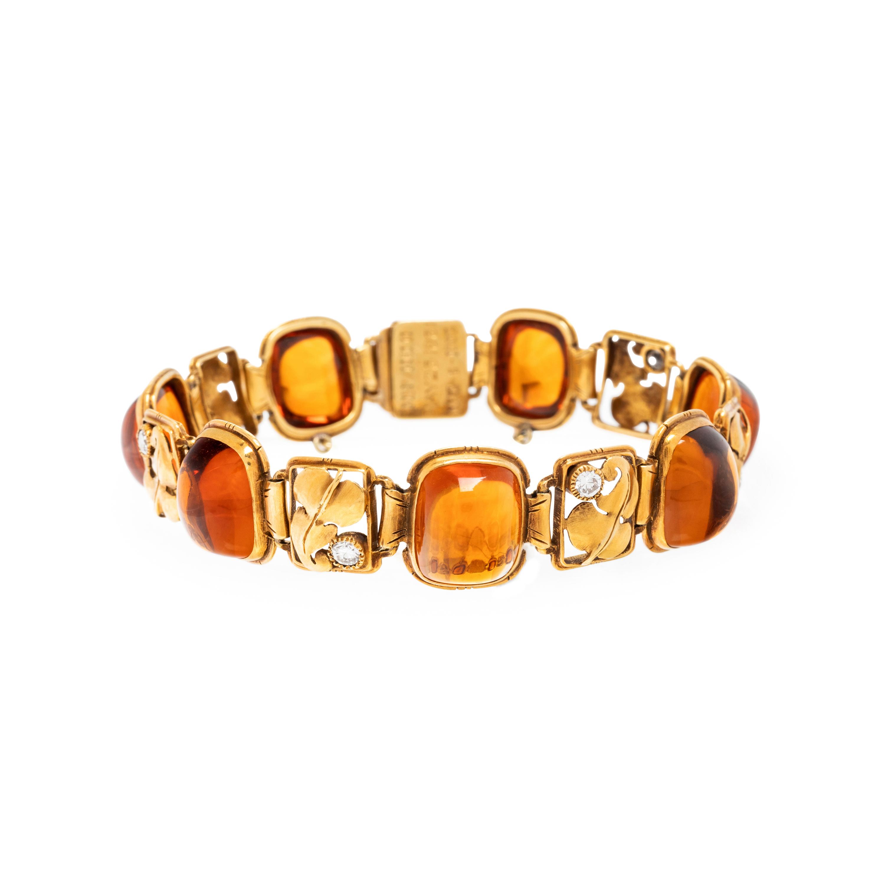 EDWARD EVERETT OAKES, ARTS & CRAFTS, YELLOW GOLD, CITRINE AND DIAMOND BRACELET