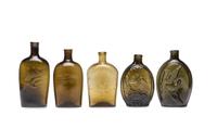 Five Molded Glass Olive and Amber Green Flasks