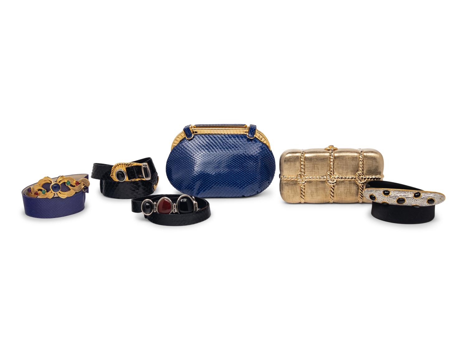 Six Judith Leiber Items: Snakeskin Bag, Metal Minaudière, and Four Belts