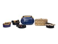 Six Judith Leiber Items: Snakeskin Bag, Metal Minaudière, and Four Belts