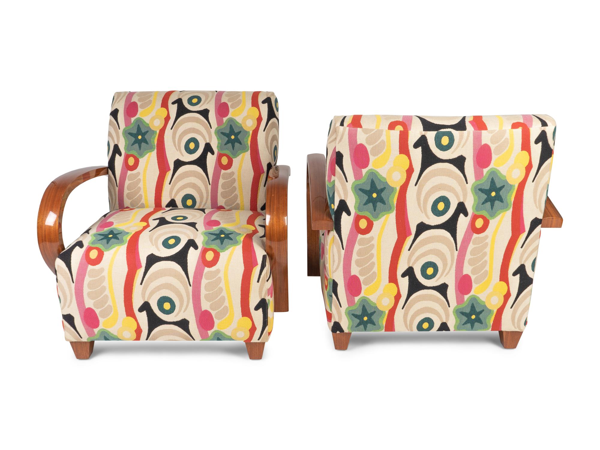 A Pair of Bentwood Lounge Chairs in Clarence House fabric